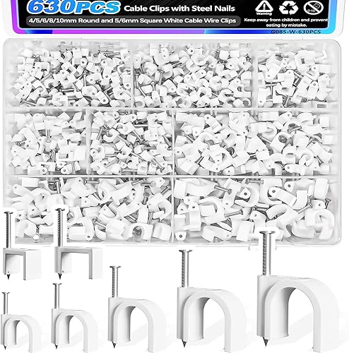 mxuteuk 630 clips de cable con clavos de acero, 45680.394 in redondos y cuadrados de 50.236 in, clips de cable blanco cuadrados, clips de pared para