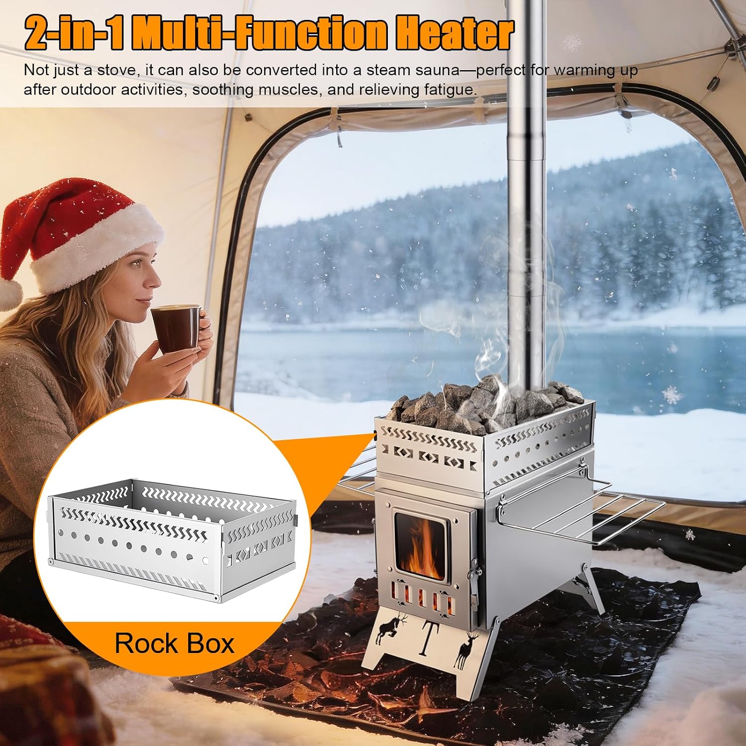 Sauna Hot Tent Stove, 2 in 1 Portable Wood Burning Stove, Folding Camp Stove for Outdoor Heating Cooking, Sauna Steam Use, 5 Pipes, Adjustable Vent, Visual Window, Compact Storage (Stainless Steel)