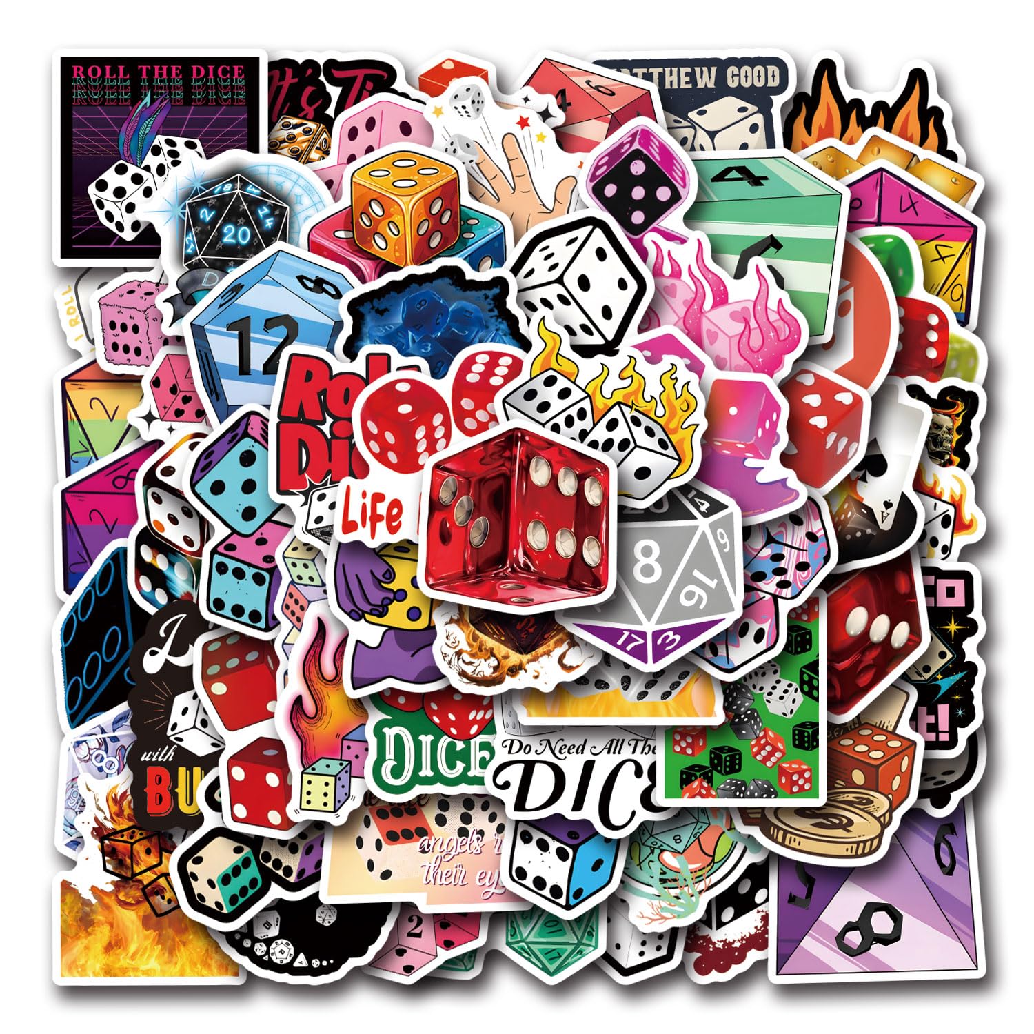 65pcs Dice Stickers Pack, Aesthetic Cartoon Cute Vinyl Waterproof Decals for Water Bottle,Laptop,Phone,Skateboard,Scrapbooking,Bumper for Party Supply