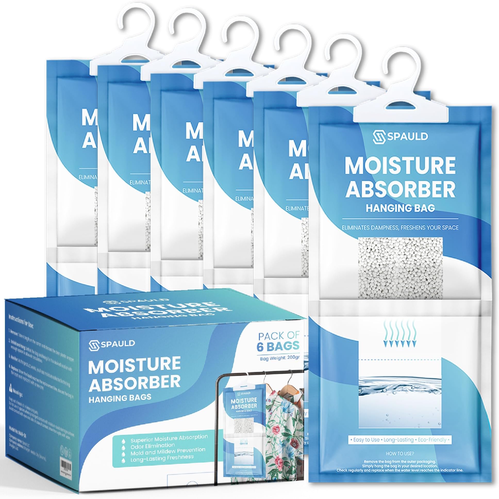 Moisture Absorber Bags, Large 230g Each (Pack of 6) Super Absorbing Unscented Hanging Closet Dehumidifier Bags, Eliminates Odors, Humidity Absorber for Closet, Bedrooms, Bathrooms