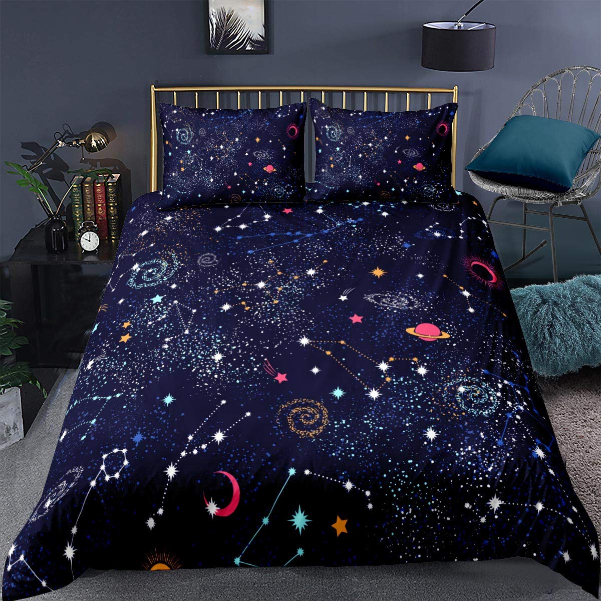 Loussiesd Constellation Comforter Cover Single Size Planets Themed Duvet Cover Set Star Galaxies Bedding Set with 1 Pillowcases Soft Microfiber Zipper Decorative Space Blue Bedspread Cover 2 Piece