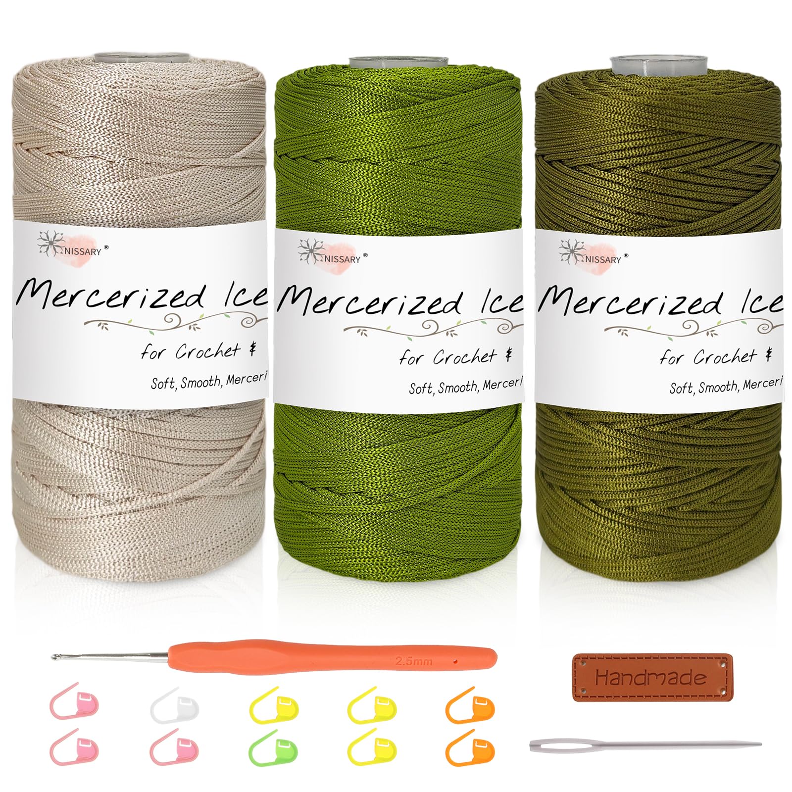 Nissary 1.5mm Macrame Cord Kit, 3 Colour Polyester Ice Silk Crochet Yarn with Crochet Hook, Stitch Markers, Leather Label and Tweezers for Summer Hats, Bags, Seat Cushions and DIY Crafts