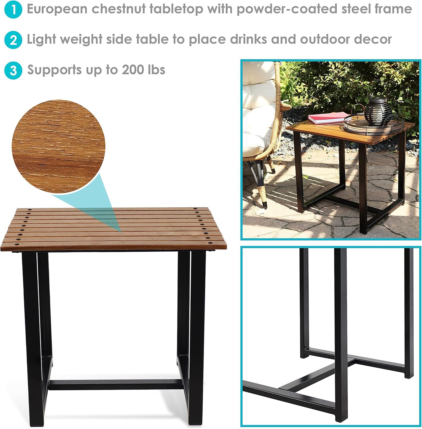 Sunnydaze European Chestnut Wooden Adirondack Side Table - Square Outdoor End Table for Patio with Steel Frame - 20-Inch - Brown