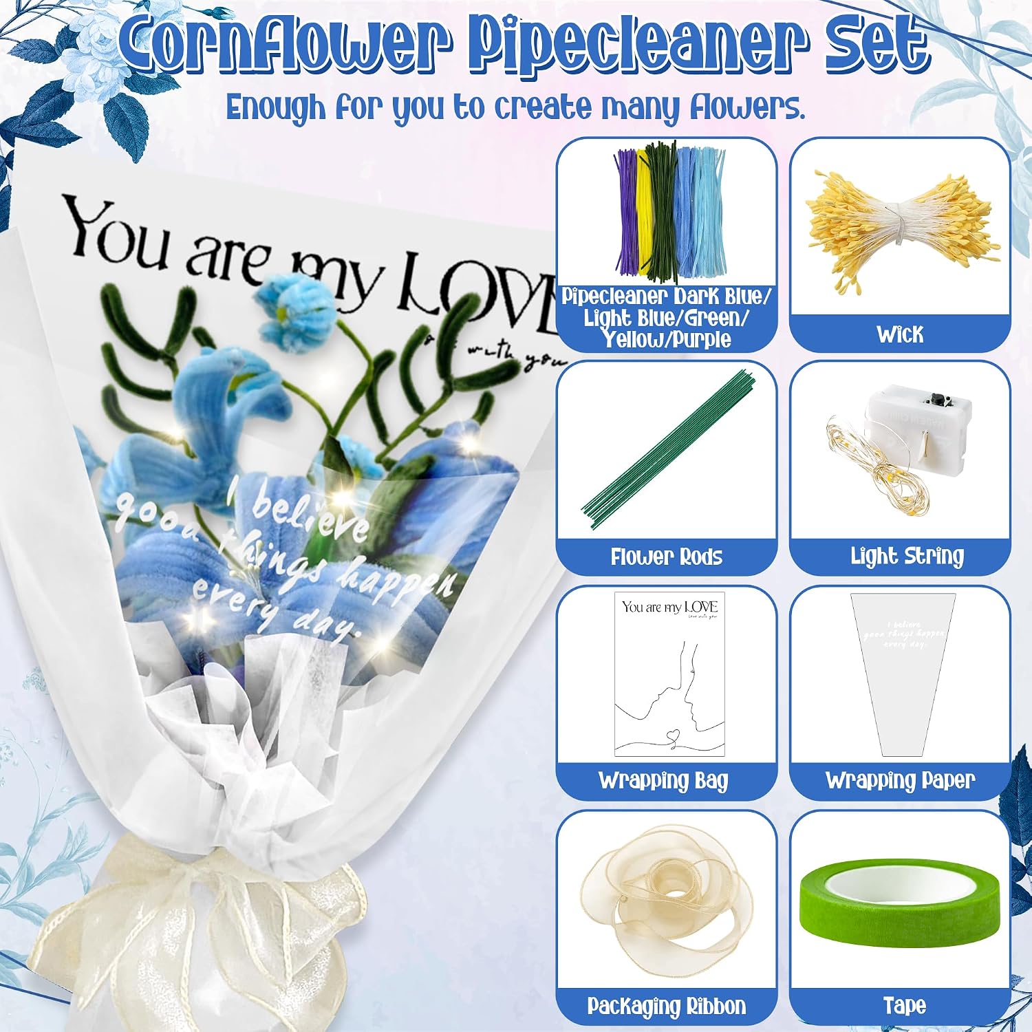 Flowers Pipe Cleaners Craft - 257PCS DIY Cornflower Bouquet Making Kit, Pipe Cleaner Artificial Flowers Fuzzy Sticks Handicraft Supplies with Tutorial, Colorful Chenille Stems for Wedding Decor