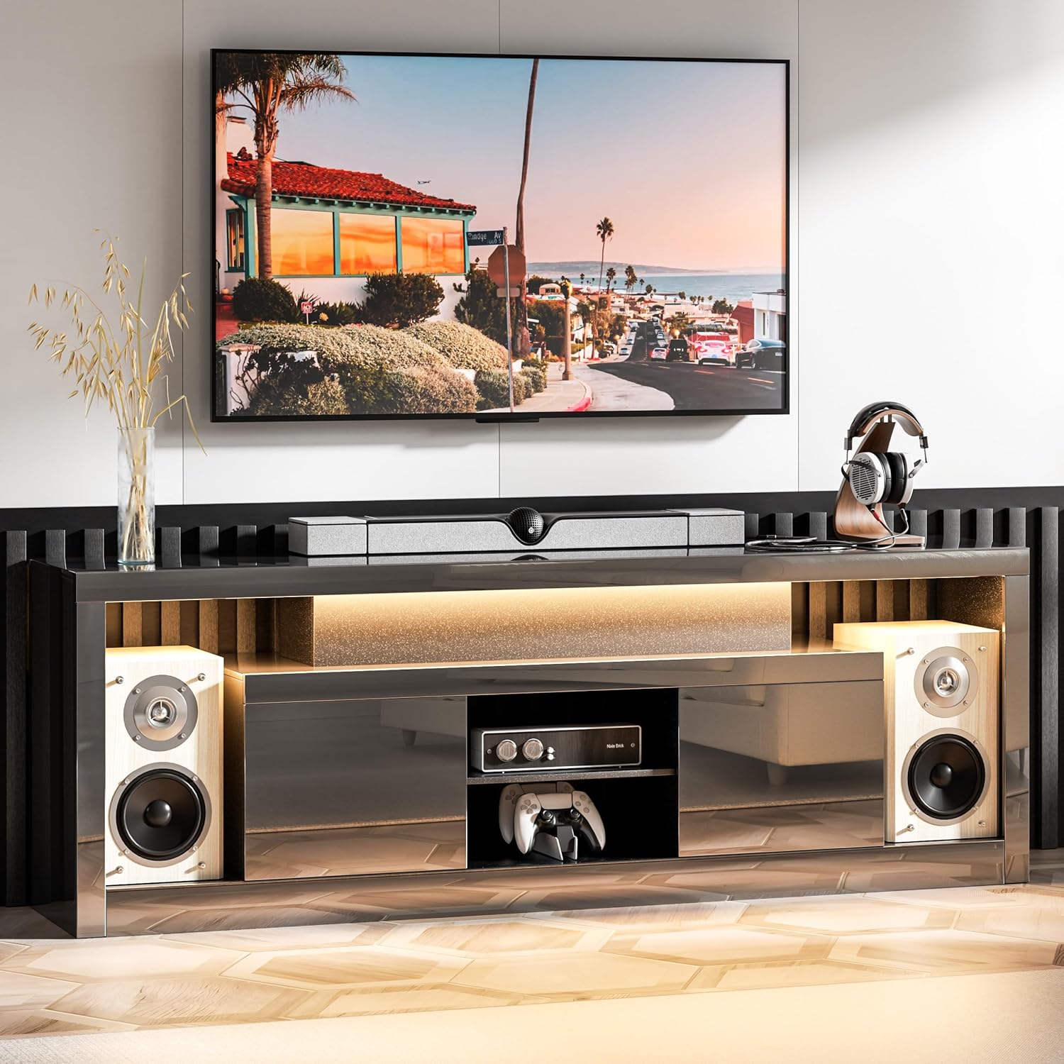TV Stand for 75/80 inch TV, LED Entertainment Center with Power Outlet, TV Console w/Storage, Modern TV Cabinet for Bedroom, Living Room, All Black