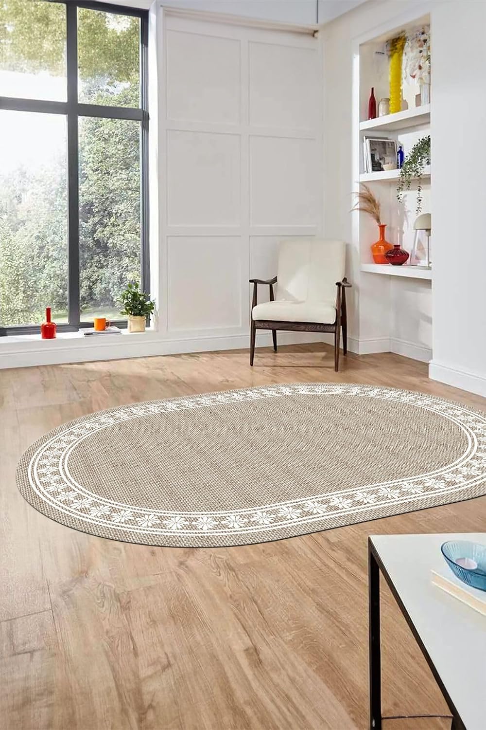 Çerçeveli Jüt-Hasır Desen Kaymaz Taban Yıkanabilir Modern Oval Yolluk Salon Halısı O-JÜT-20, Krem Rengi, 160 x 250