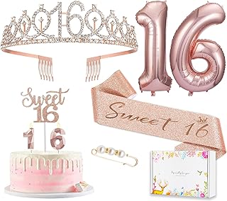 8pcs Sweet 16 Birthday Decorations for Girls, Including 16th Happy Birthday Cake Toppers, Birthday Queen Sash with Pearl Pin, Sweet Rhinestone Tiara Crown, Number Candles and Balloons Set, Rose Gold