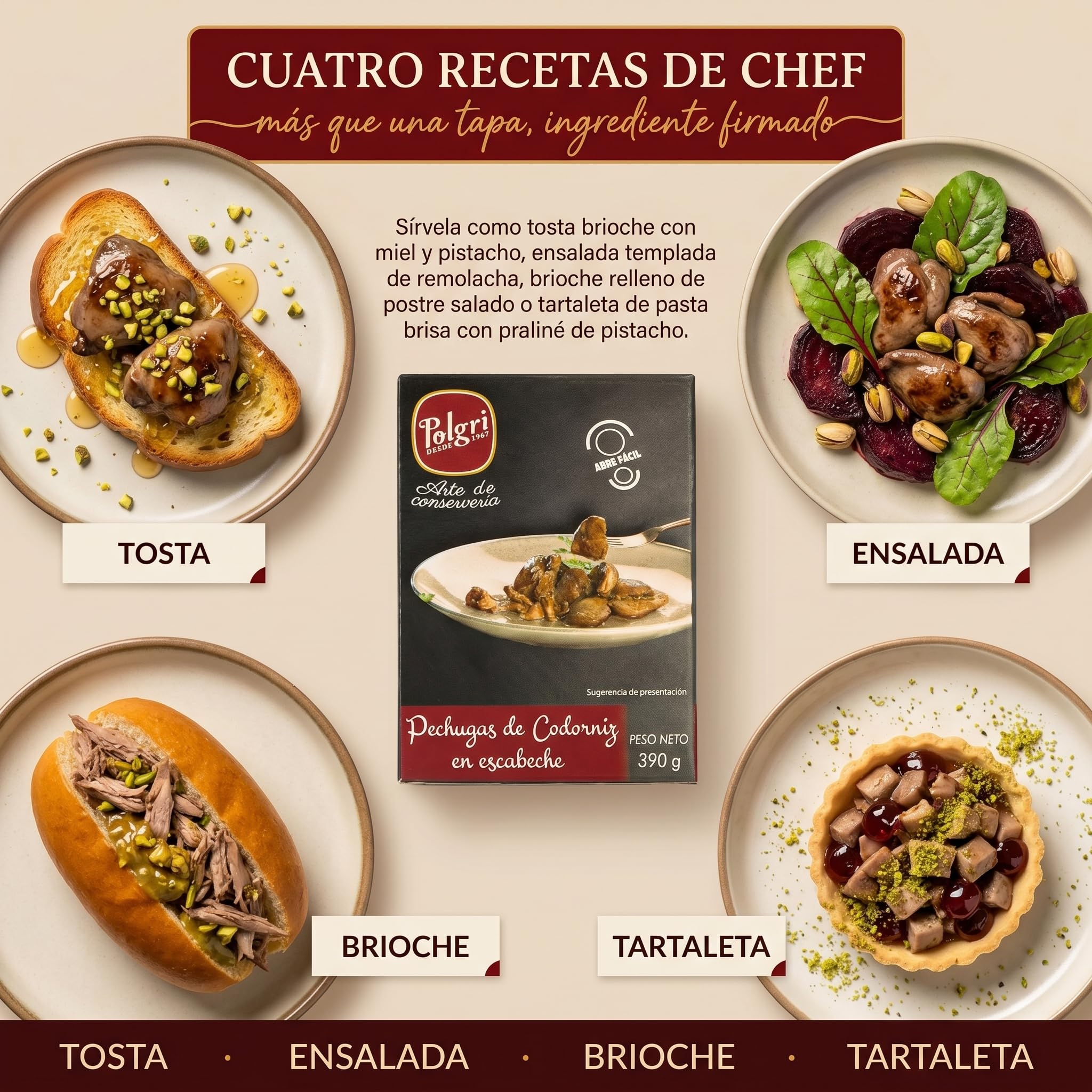 POLGRI Pechugas de Codorniz en Escabeche Balsamico Conserva Gourmet 390 g x 3 latas