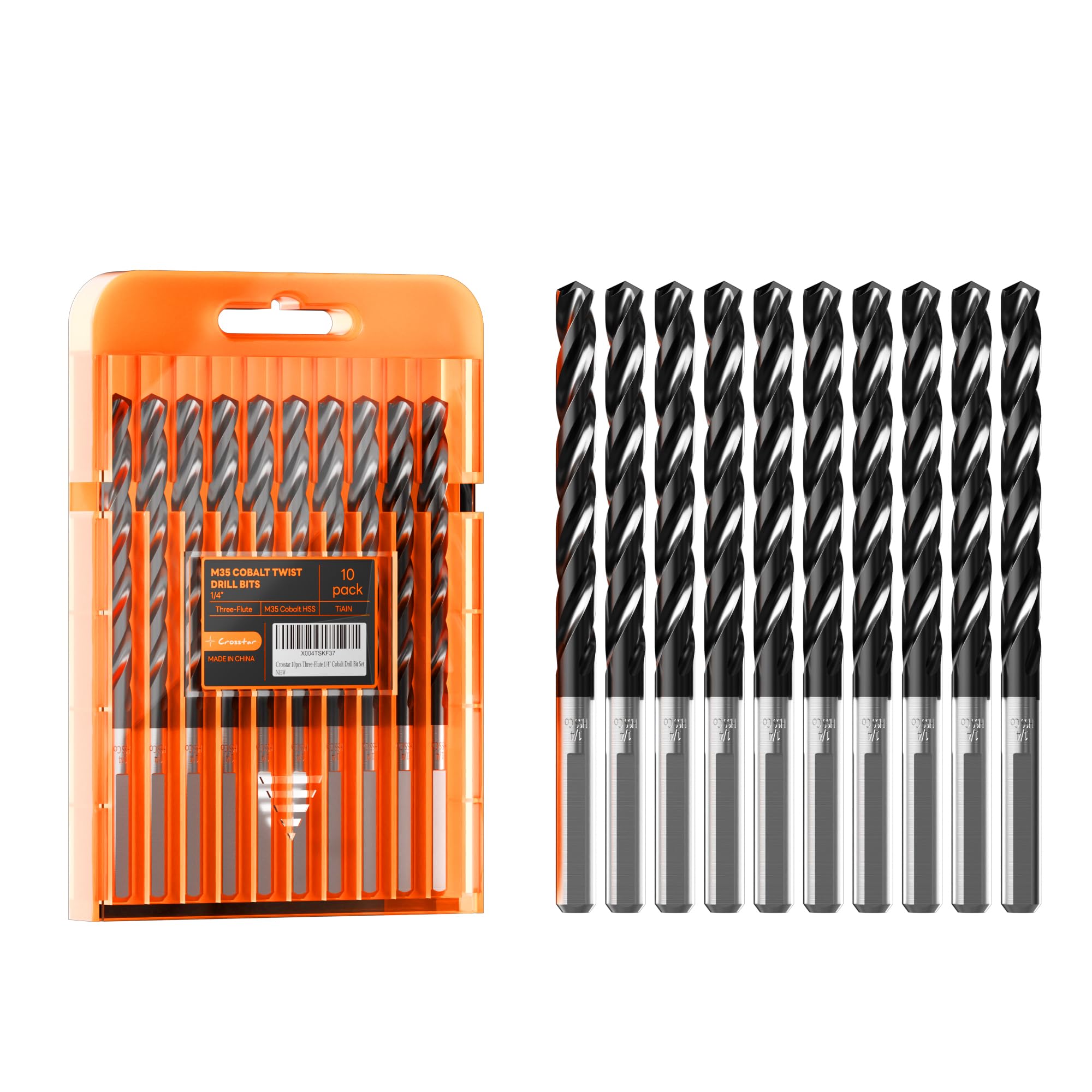 Crosstar M35 Cobalt Drill Bit Set,Three-Flute Design,1/4",10 Pack
