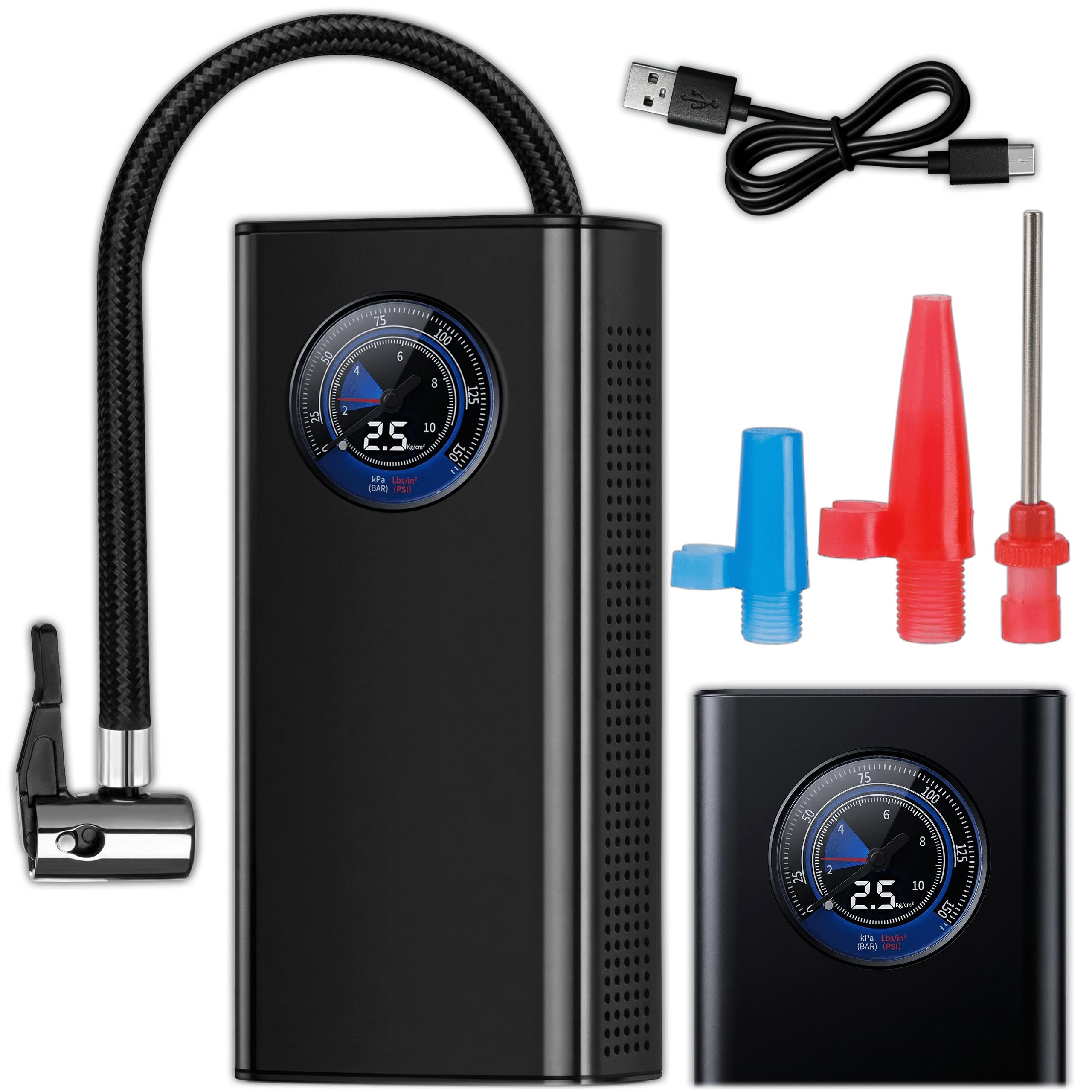 KRUMAD Pompka powietrzna bezprzewodowa do roweru elektryczna, akumulatorowa pompka rowerowa z manometrem, USB pompa powietrza, mini kompresor do samochodu, pompka do motocykla, piłek, akcesoria