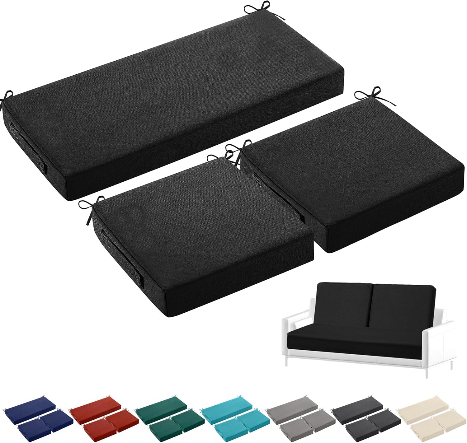 Leinuosen 3 Pcs Outdoor Chair Cushions Set 44 x 19 Inch Loveseat Tufted Waterproof Patio Furniture Love Seat Pad Cushion for Square Settee Indoor Sofa Wicker Couch Bench(Black)