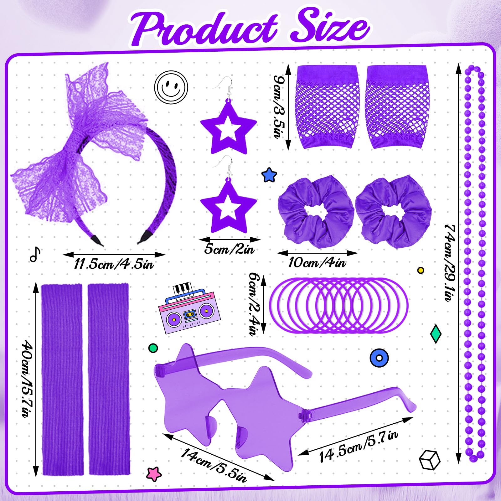 Saier tbo 20Pcs 80s Costume Accessories Set for Women 1980s Fancy Dress Outfit Kit with Fishnet Top Tank Top Leg Warmers Fishnet Gloves for Girls 80s Theme Party Disco Party Cosplay Dress Up - Image 2