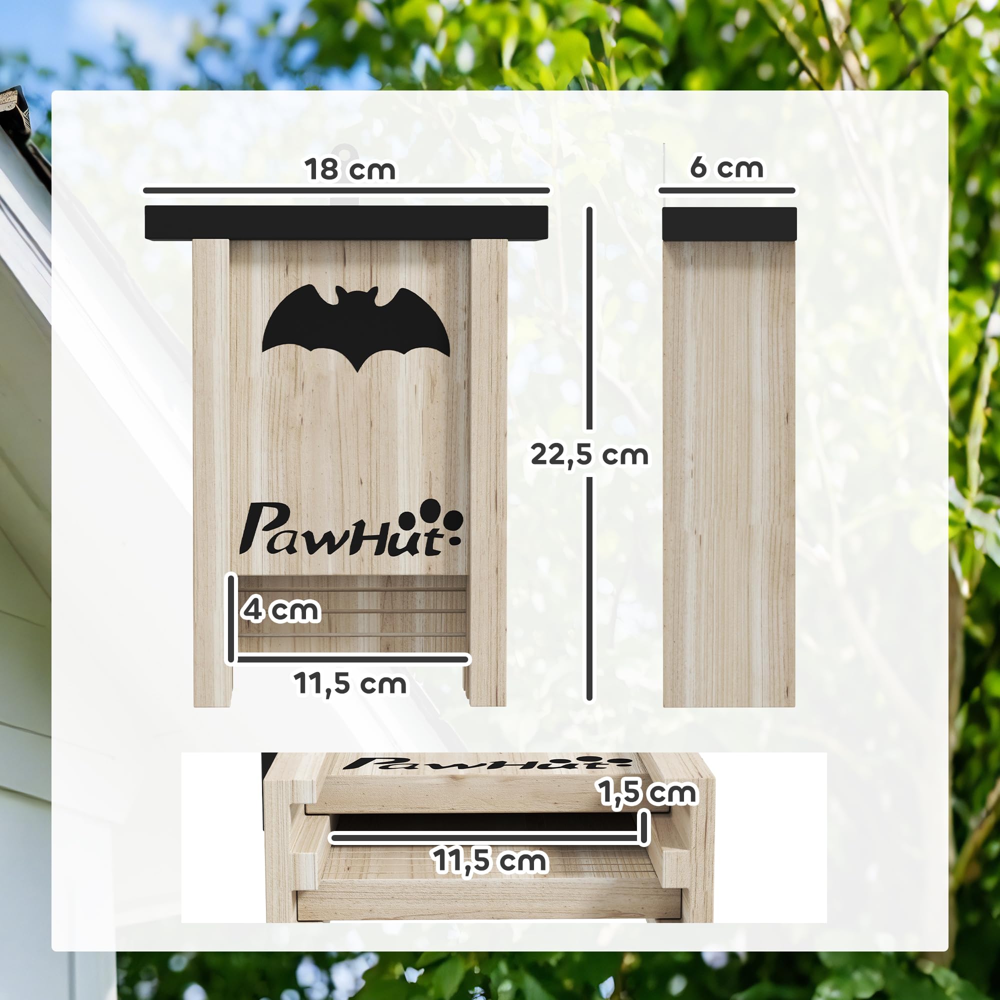 PawHut Pack de 3 Casas para Murciélagos de Madera Maciza, Cajas para Murciélagos, Resistente a la Intemperie, para Exterior, Jardín, Huerto o Granja, con Plataforma de Aterrizaje, Fácil de Colgar