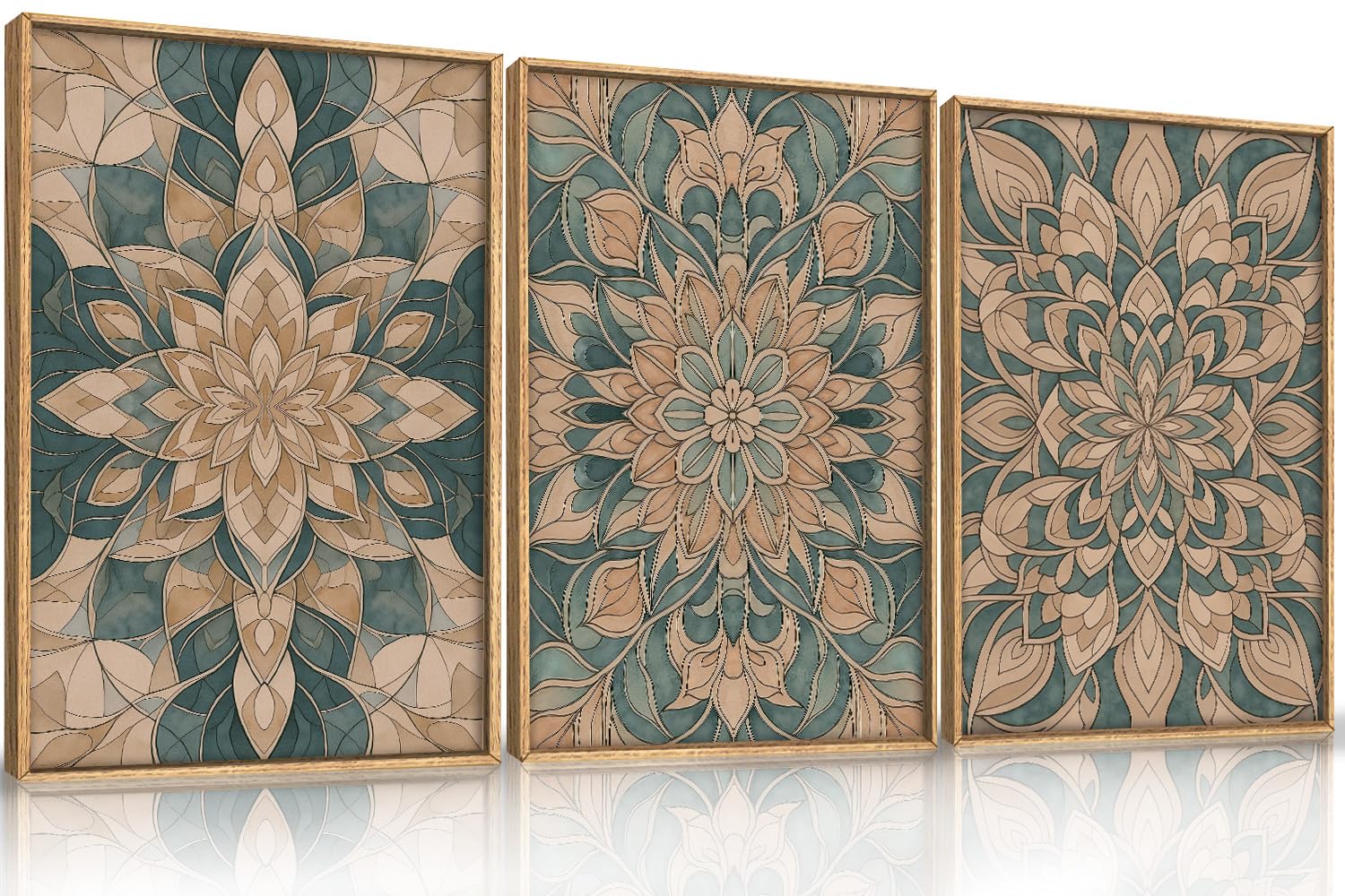 HLNIUC Large Mandala Flower Wall Art Set of 3, Green Scandinavian Botanical Framed Wall Decor(24x36),Norwegian Folk Art Canvas, Bohemian Mexican Vintage Plant Print for Living Room, Bedroom, Office