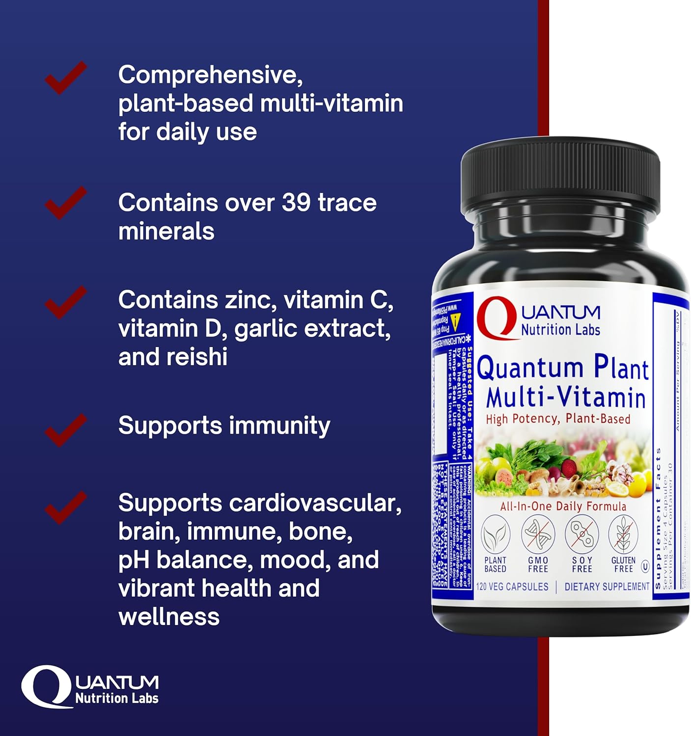 QNL Quantum Plant Multi-Vitamin - Complete Multivitamin - Immune Support for Adults - Natural Multivitamin for Men & Women - 120 Plant-Source Capsules - Image 2