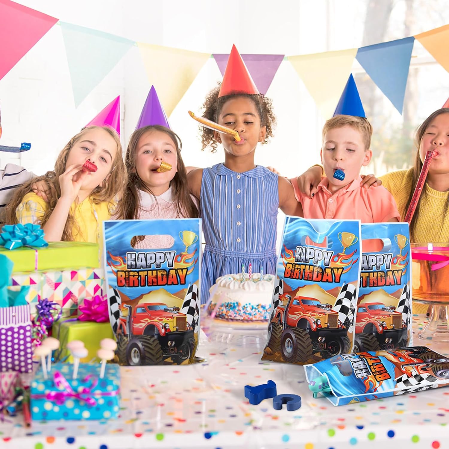 Seajan 50 Pieces Monster Truck Party Favor Bags Racing Car Candy Goody Treat Plastic Gift Bags with Handles for Monster Truck Birthday Party Decorations Supplies - Image 9