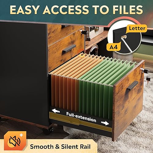 Miniatura 13 de DEVAISE Archivador de madera de 3 cajones con cerradura, archivador lateral móvil, soporte de impresora con estantes de almacenamiento abiertos