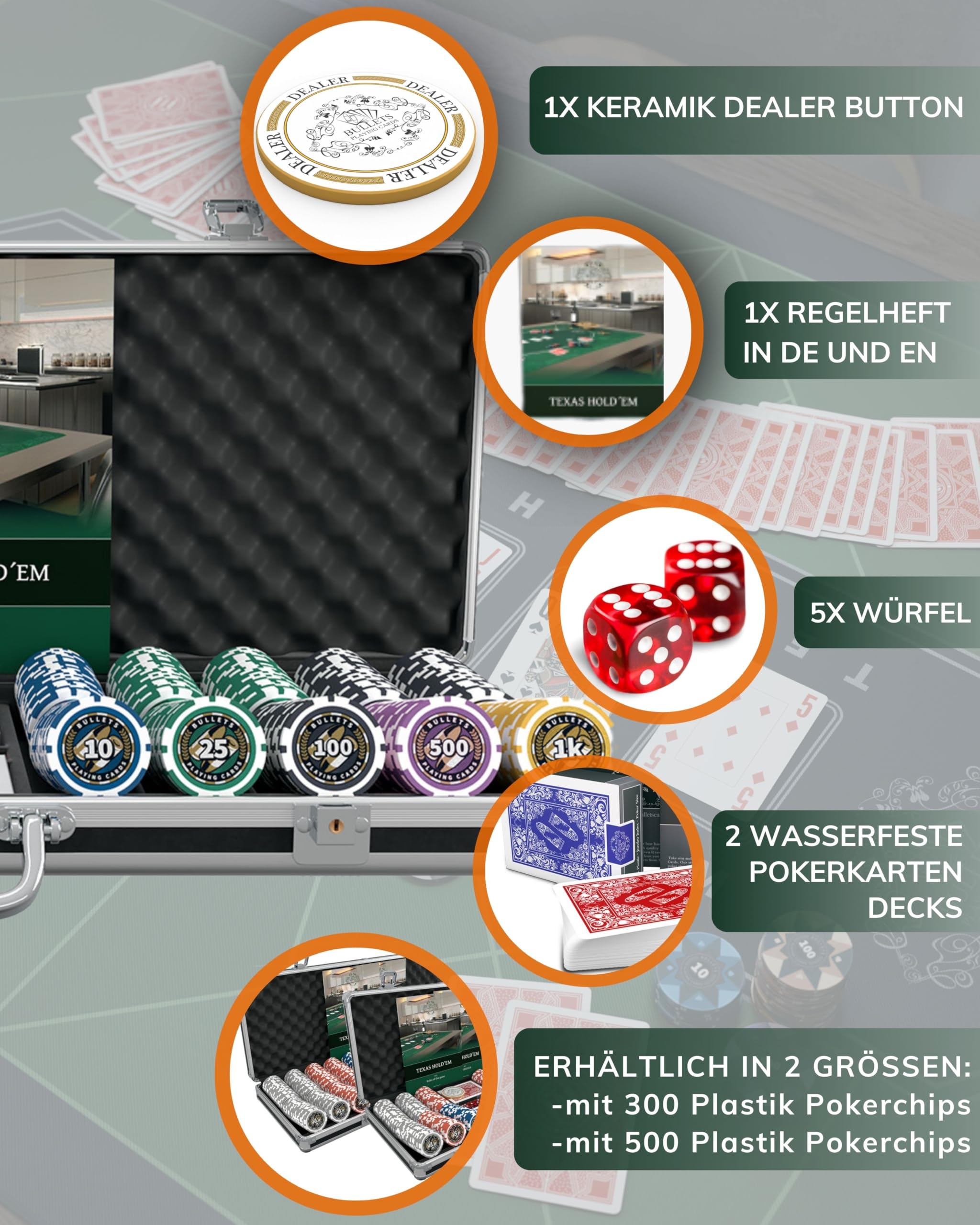 Bullets Playing Cards | Pokerkoffer Deluxe „Christopher“ mit 500 Plastik Pokerchips 12g | Pokerset mit Karten, Würfeln, Dealer Button & Regeln für Texas Holdem