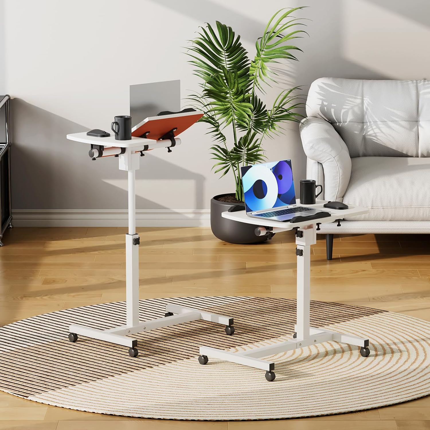 Athena Collection Height Adjustable Rolling Desk Mobile Portable Laptop Stand Cart Small Sit Standing Desk Computer Table Workstation for Home Office, White