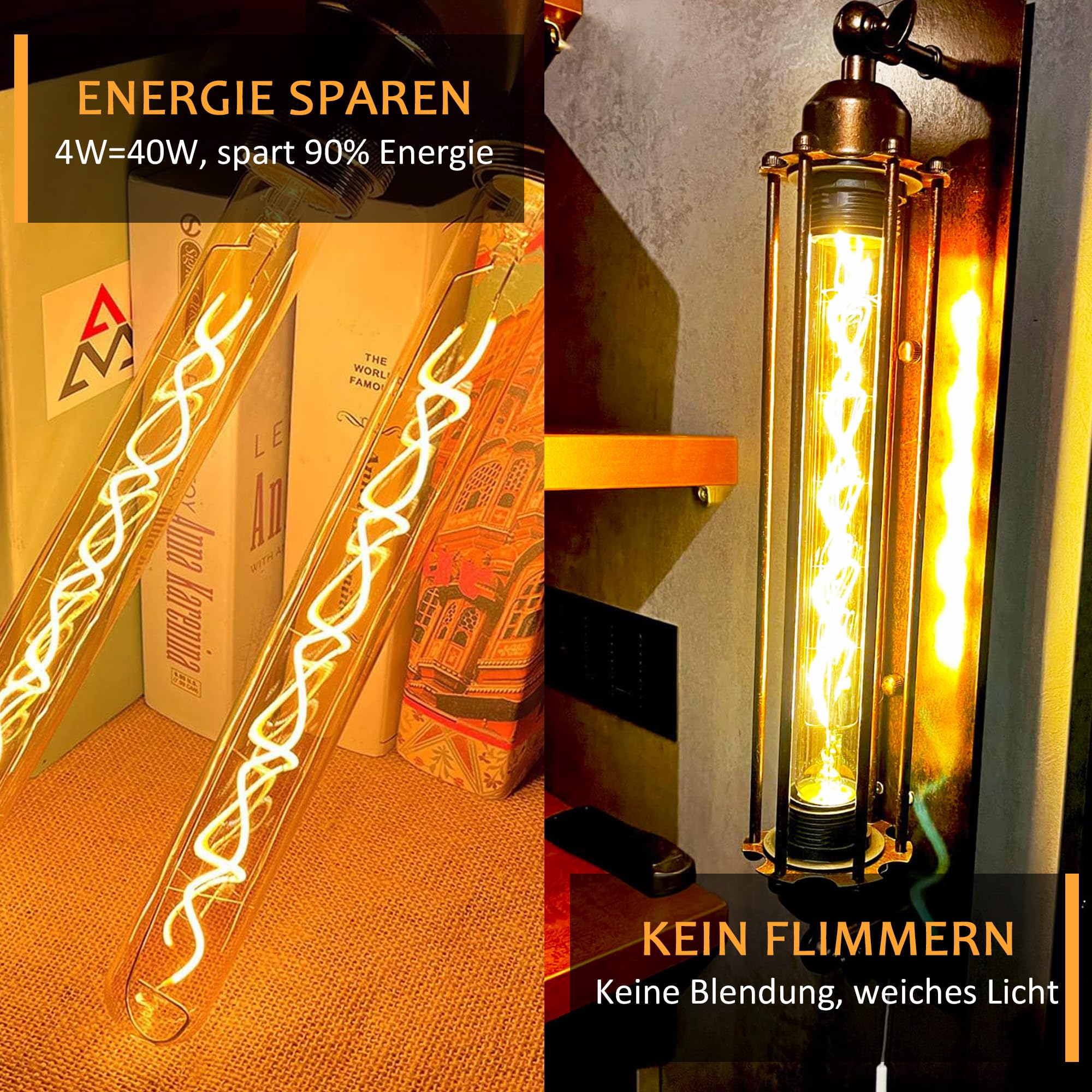 E27 LED Vintage Glühbirne 4W Dimmbar 300mm Lang T30, Bernstein - 4 Stück