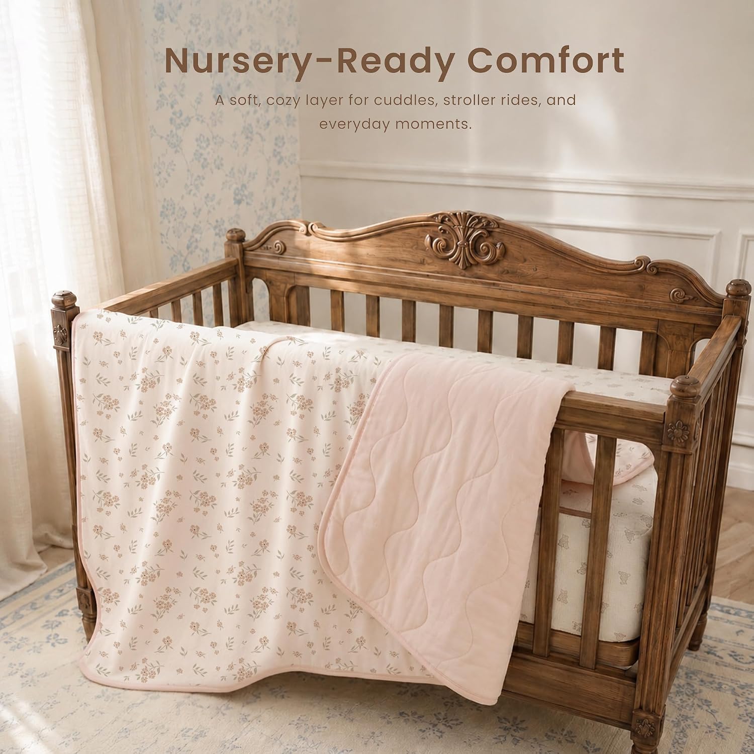 Konssy Floral & Quilted Baby Blanket for Girls, Viscose Made from Bamboo Silky Soft Baby Blanket, Reversible Nursery Stroller Quilt for Babies & Toddlers, 33.5 x 45 Inches