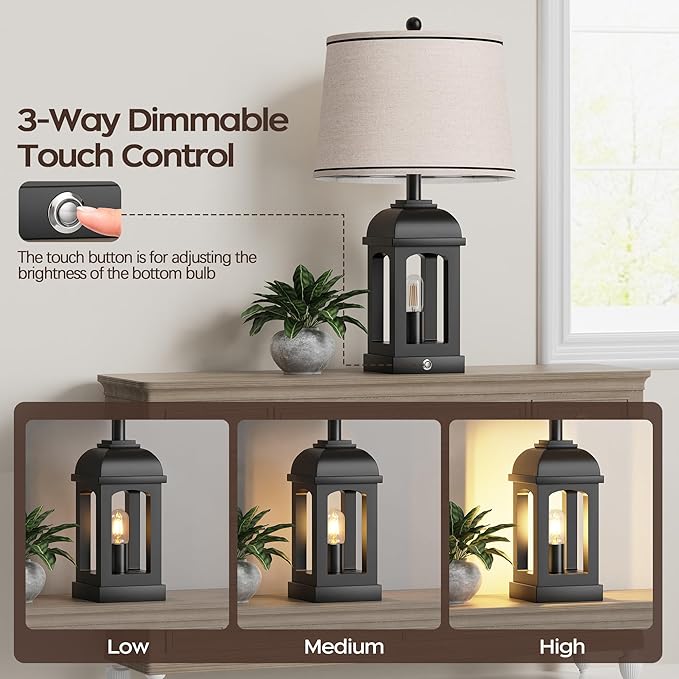 QiMH QiMH Table Lamp for Living Room, Farmhouse Lamps Set of 2 with USB A+C and Nightlight, 26" Rustic Bedside Lamps with 3-Way Dimmable Touch Control, Nightstand Lamp for Bedroom Decor, Black photo 5