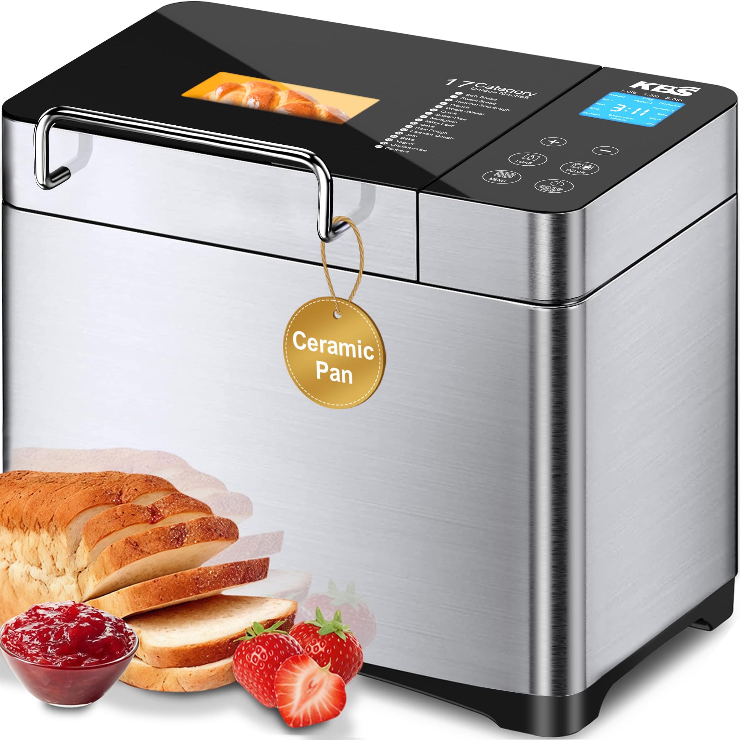 KBS Bread Maker Nut Dispenser with High-End Version Automatic 2LB Convection Bread Maker Gluten Free Large LCD Display Touch Screen and 17pcs Menu 2 LB 1-High-End Version