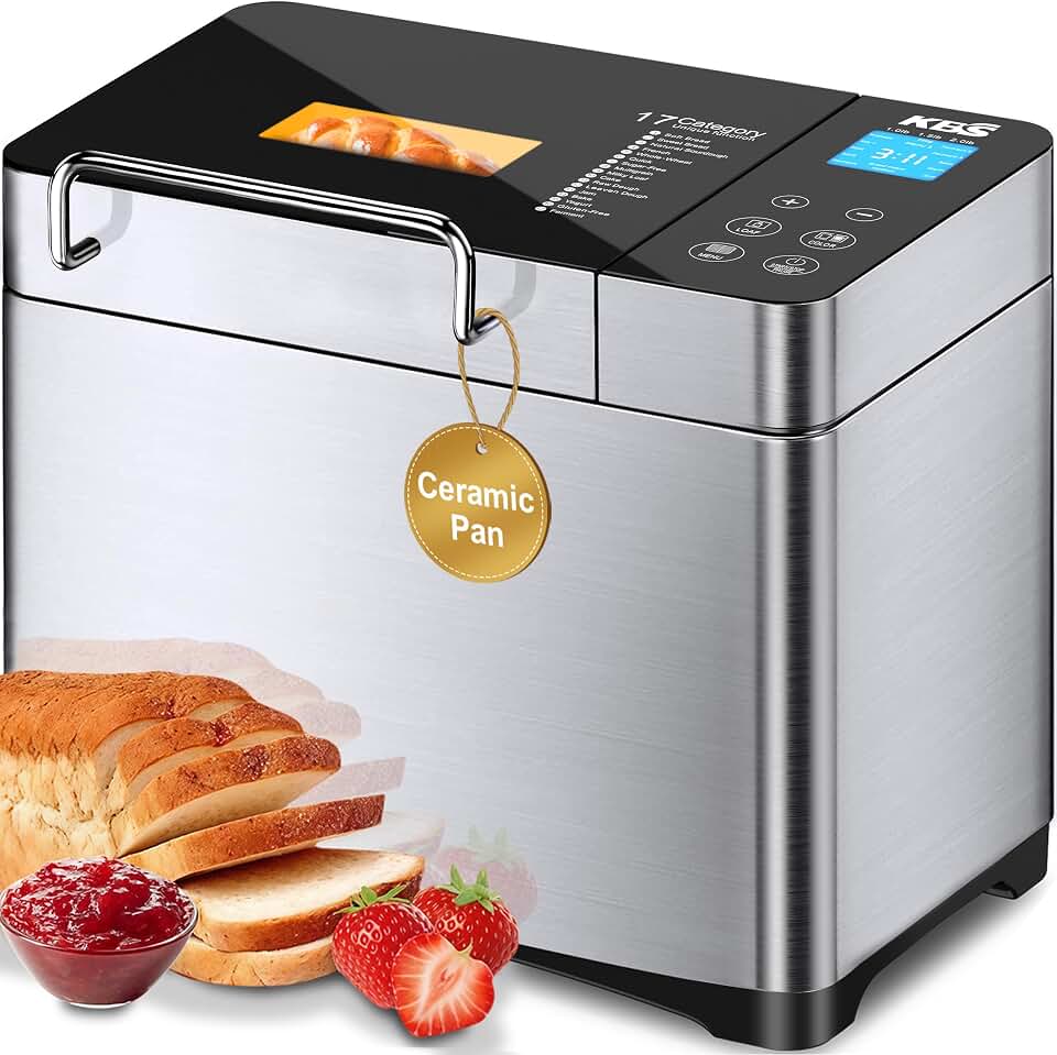 KBS Máquina de pão de aço inoxidável Pro, máquina de pão programável XL 17 em 1 com dispensador de frutas e nozes, panela de cerâmica antiaderente e painel de toque digital, 3 tamanhos de pão, 3 cores