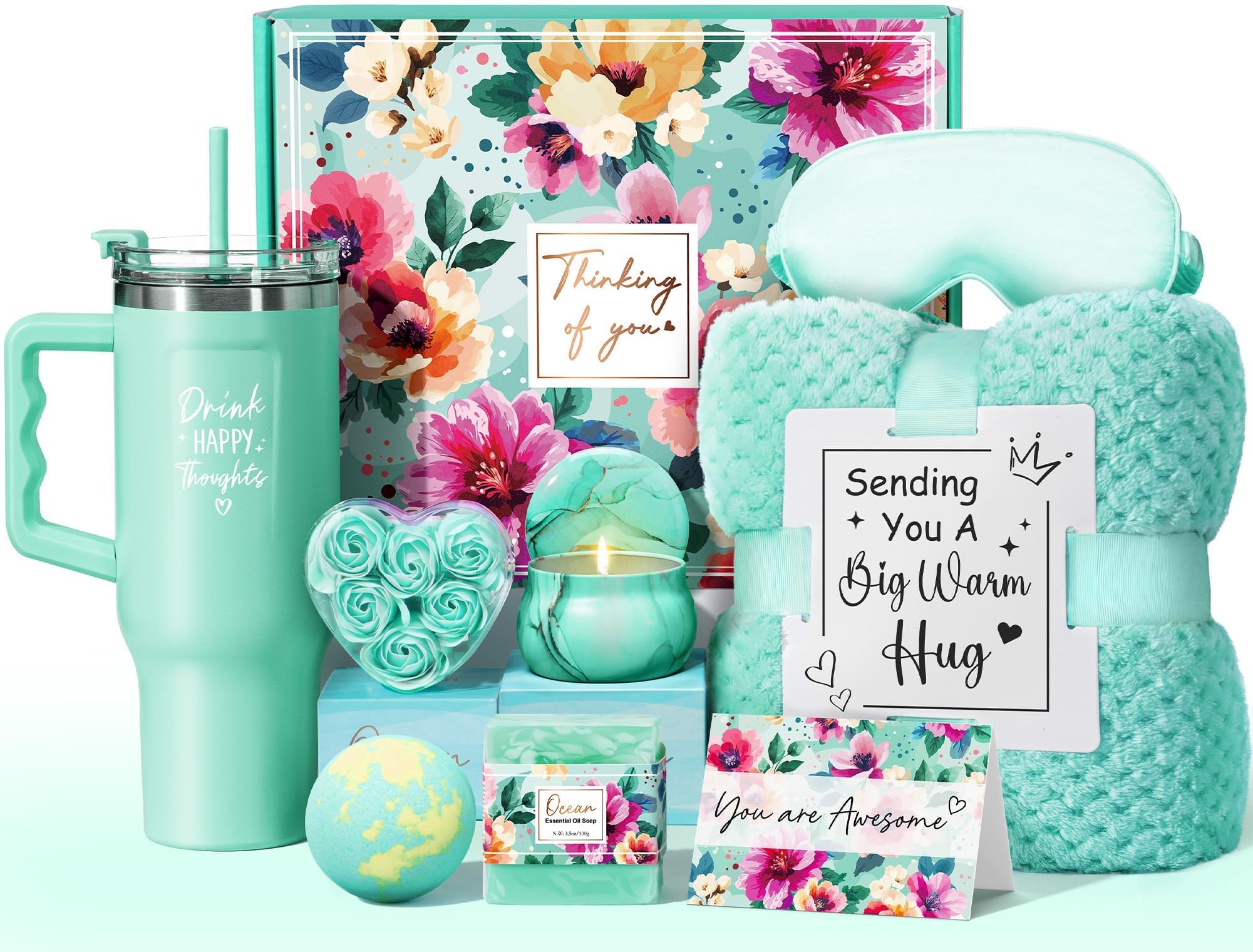 Birthday Gifts for Women Self Care Get Well Soon Gifts, Ocean Relaxing Spa Gift Box Care Package Basket w/ Luxury Flannel Blanket 40 oz Tumbler, Mother's Day Gift for Mom Her Wife Girlfriend Grandma