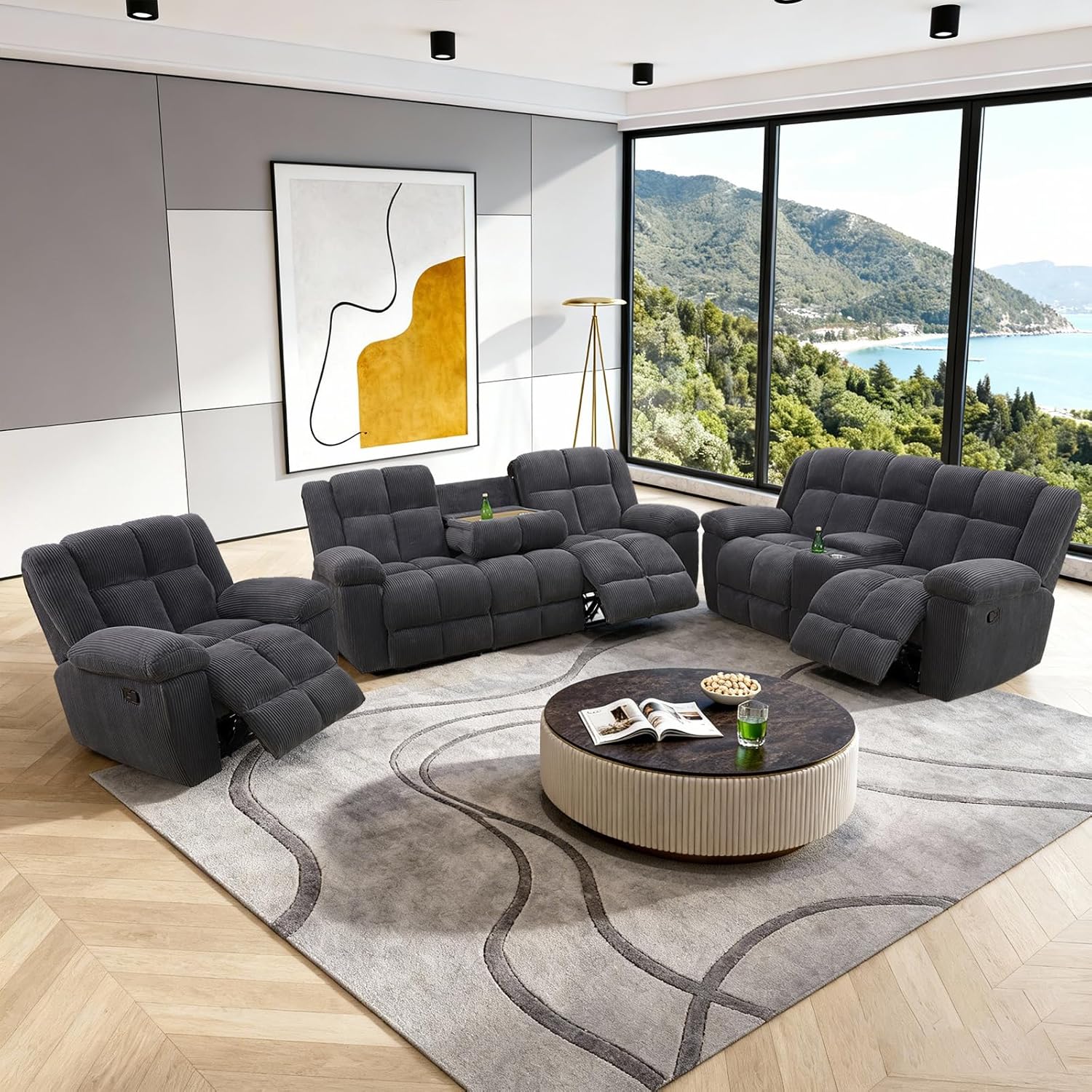 Sectional Recliner Sofa Set with Storage,Corduroy Living Room Furniture Sets,Recliner Couch Set with Cup Holders,Manual Motion,Living Room/House/Office(3-Piece, Chair, Loveseat & Sofa, Dark Grey)