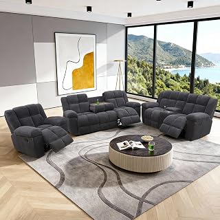 Sectional Recliner Sofa Set with Storage,Corduroy Living Room Furniture Sets,Recliner Couch Set with Cup Holders,Manual Motion,Living Room/House/Office(3-Piece, Chair, Loveseat & Sofa, Dark Grey)