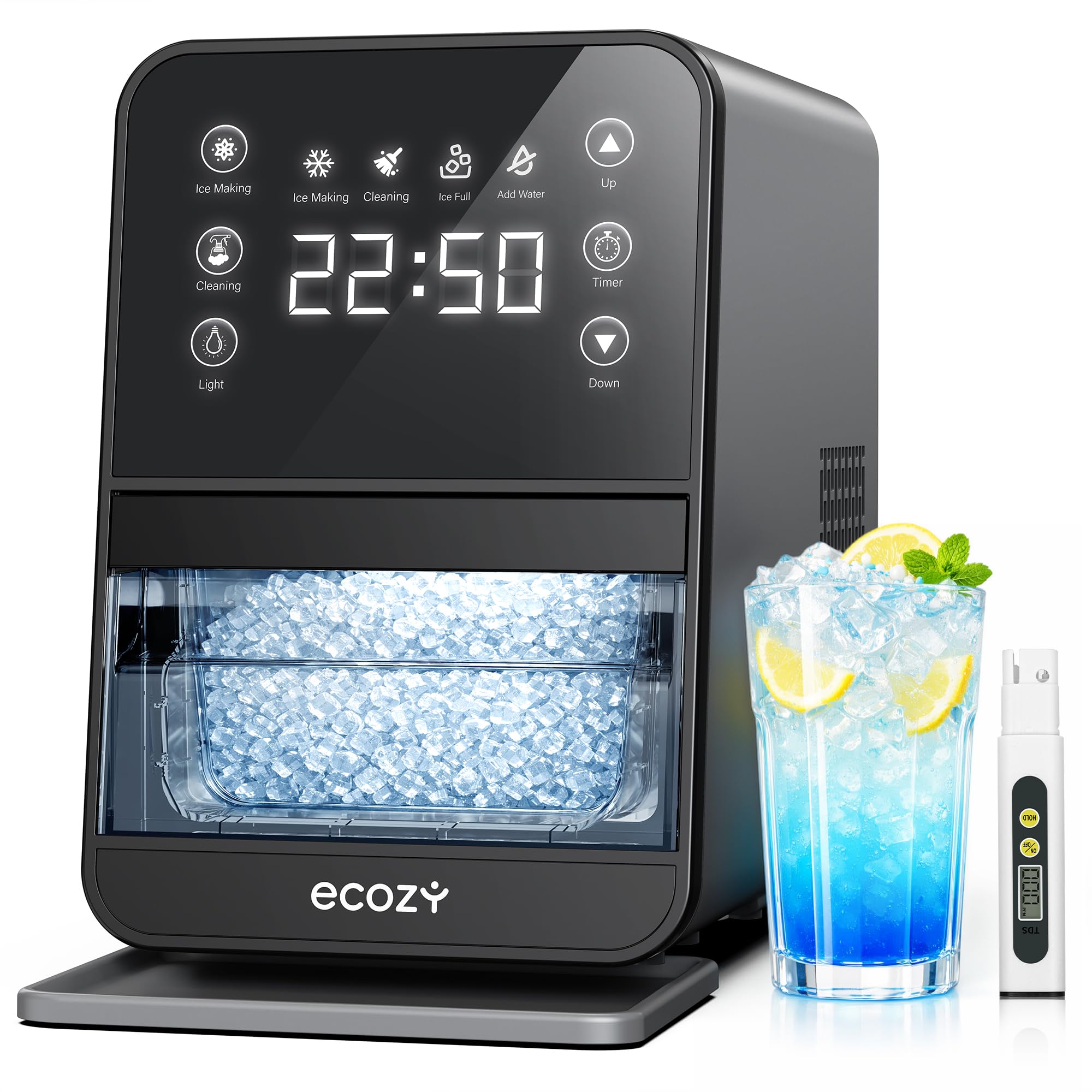 ecozy Nugget Ice Maker Countertop, 40Lbs/24H Chewable Pebble Ice, One-Touch Timer Control, Self-Cleaning Sonic Ice Machine with TDS Water Tester, Pull-Out Ice Basket, Compact for Home Kitchen Office