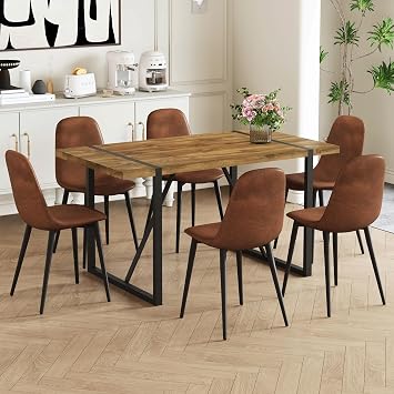 55 Inch Modern Dining Table Set for 6, Rustic Solid Wood Dining Table Set with 6 Fabric Chairs, Metal Legs, Mid Century 7 Piece Dining Room Set, Suitable for Dining Room,Kitchen, Apartment
