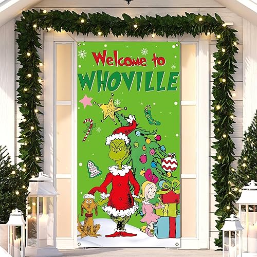 Nepnuser Welcome to Whoville Grinchmas - Cubierta de puerta de elfo verde, decoración de fiesta de invierno, decoración de telón de fondo para