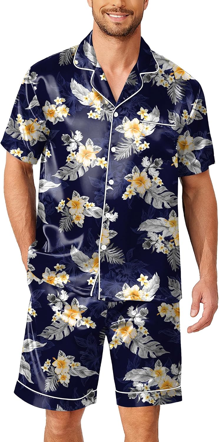Ekouaer Mens Pajamas Set Silk Satin Sleepwear Short Sleeve Button Down Pjs Set 2 Piece Loungewear with Pockets S-XXL