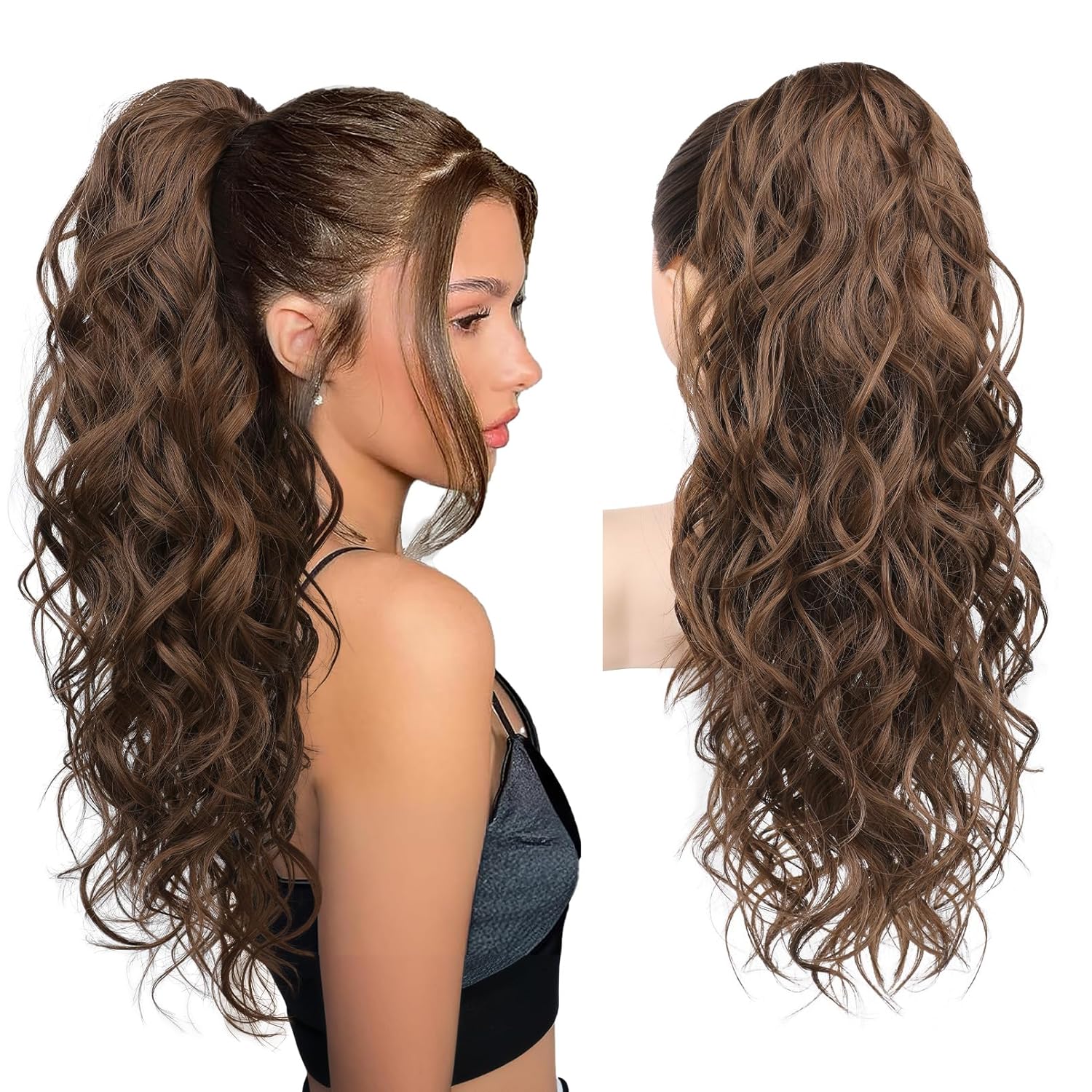 REECHO Ponytail Extension, 24" Claw Clip Ponytail Extension Wavy Ponytails Hair Extensions Jaw Clip on Pony Tails Natural Synthetic Hairpiece for Women Daily, Medium Chocolate Brown Medium Chocolate Brown 24 Inch