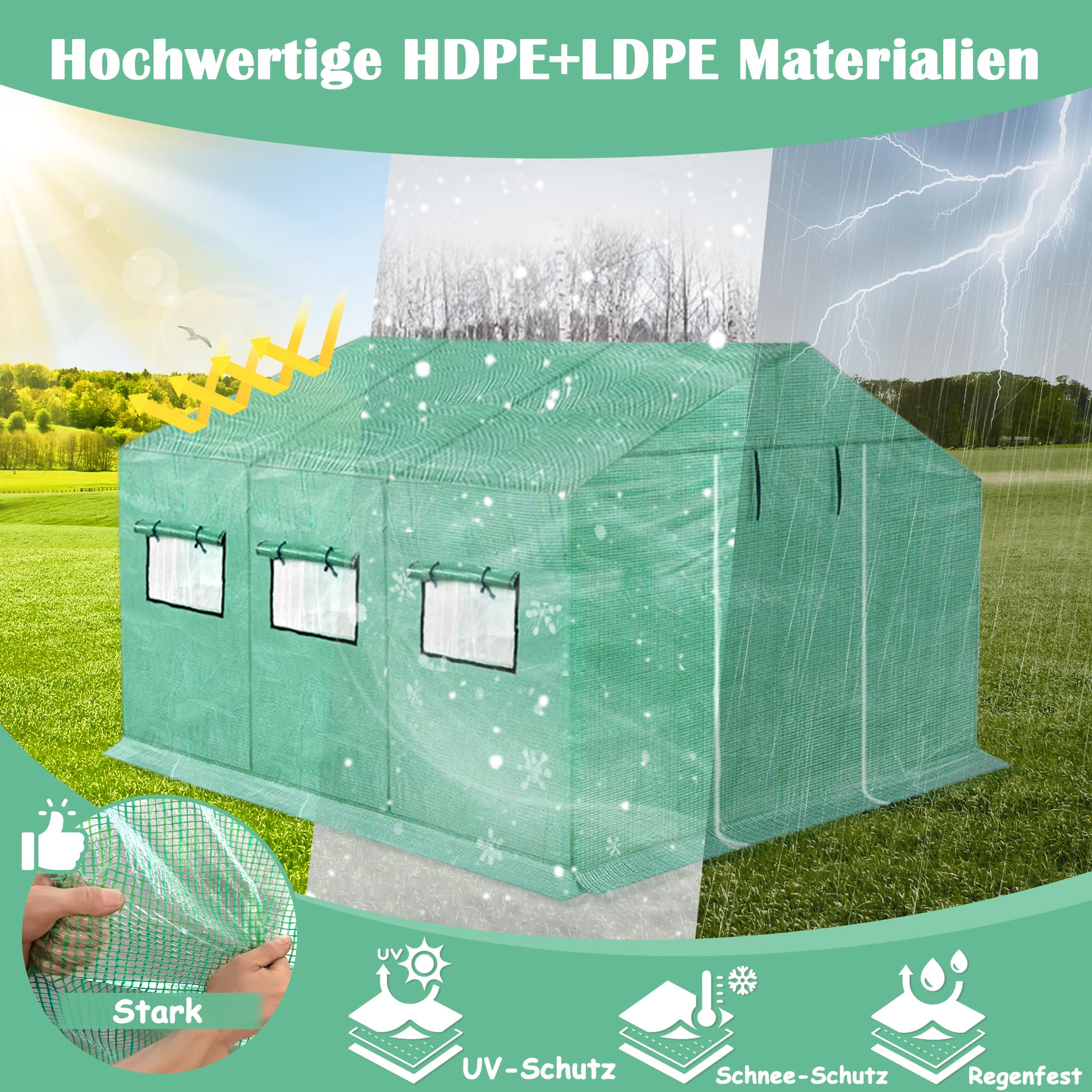NAIZY Greenhouse szklarnia 4,5 x 2 x 2 m, 9㎡, szklarnia foliowa HDPE + LDPE + ocynkowana rura, z oknem, szklarnia na pomidory, odporna na działanie promieni UV, namiot foliowy do ogrodu, na rośliny, zielona