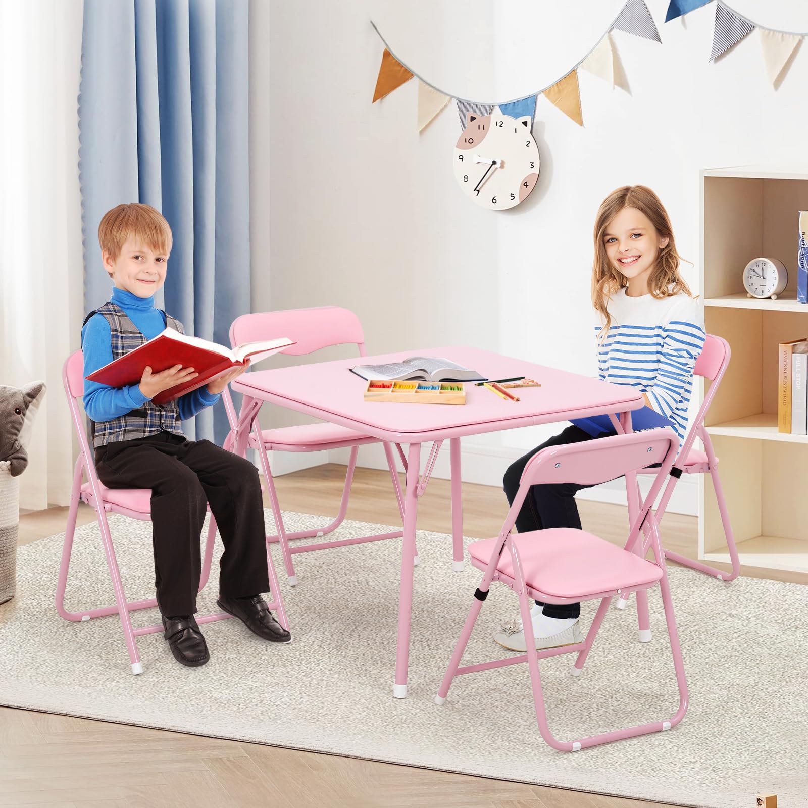Zstar Conjunto de Mesa y Sillas Plegables para Niños, Mesa Infantil | con 4 Sillas Acolchadas de PU Marco de Acero Resistente, Ahorra Espacio, para Comedor, Sala de Juegos y Dormitorio, Rosa