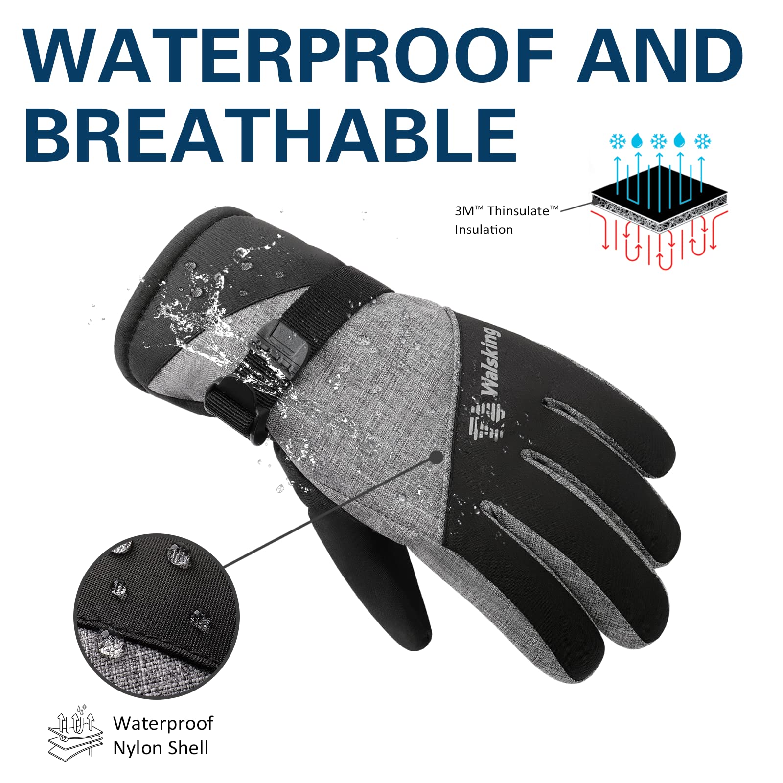 Guantes de invierno para nieve y esquí de 3M Thinsulate impermeables para clima frío y jóvenes para esquí, snowboard, para niños y niñas - negro - M/9-12 años