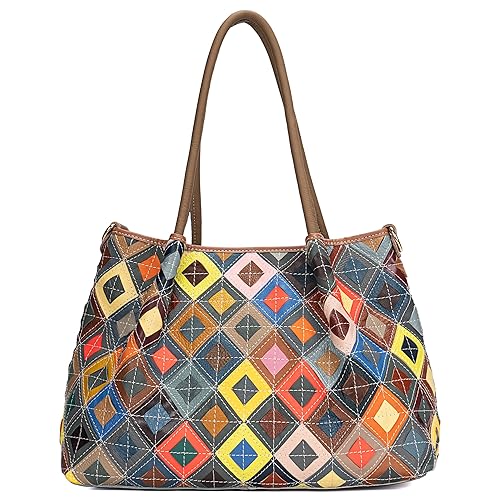 Women's Handwoven Genuine Leather Mosaic Tote Bag - Colorful Unique
