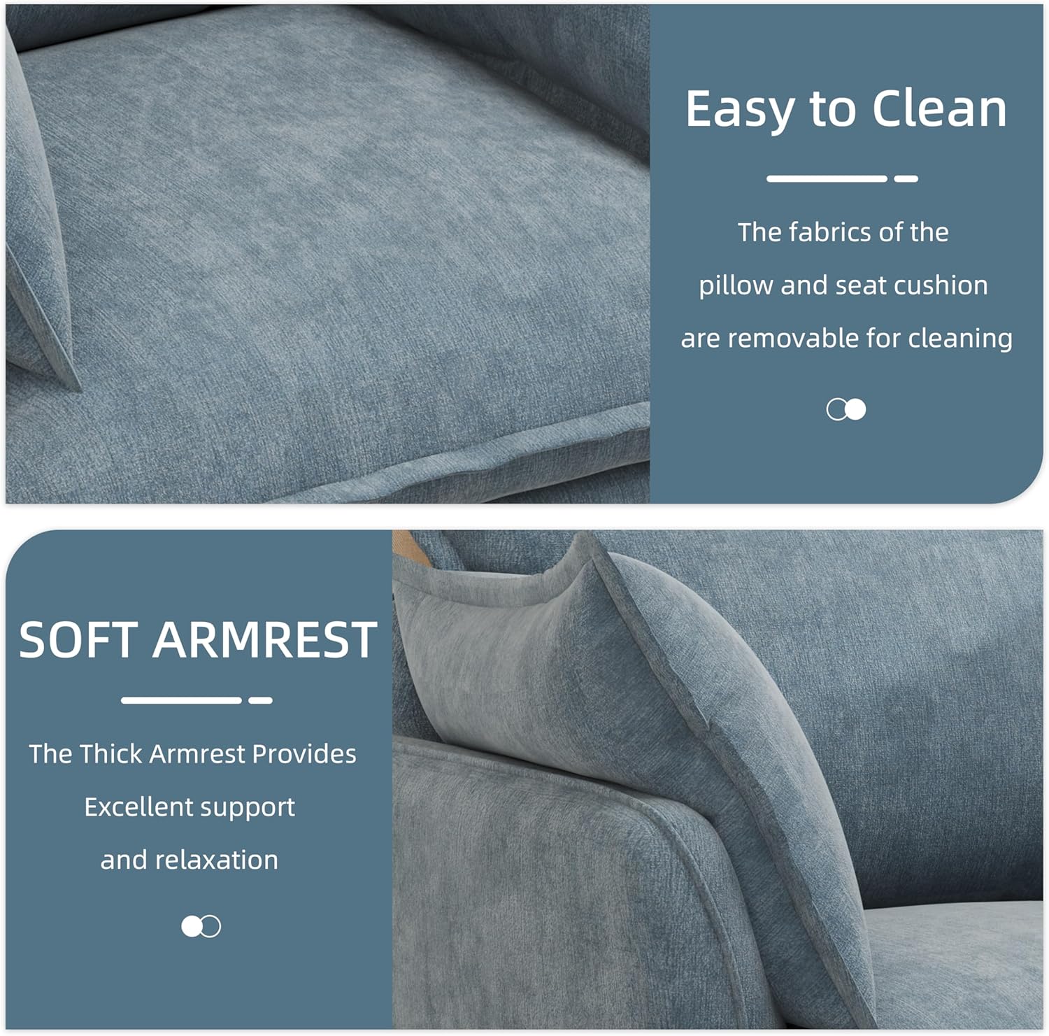 Close-up of the armchair fabric with text indicating 'Easy to Clean' and 'removable for cleaning'.