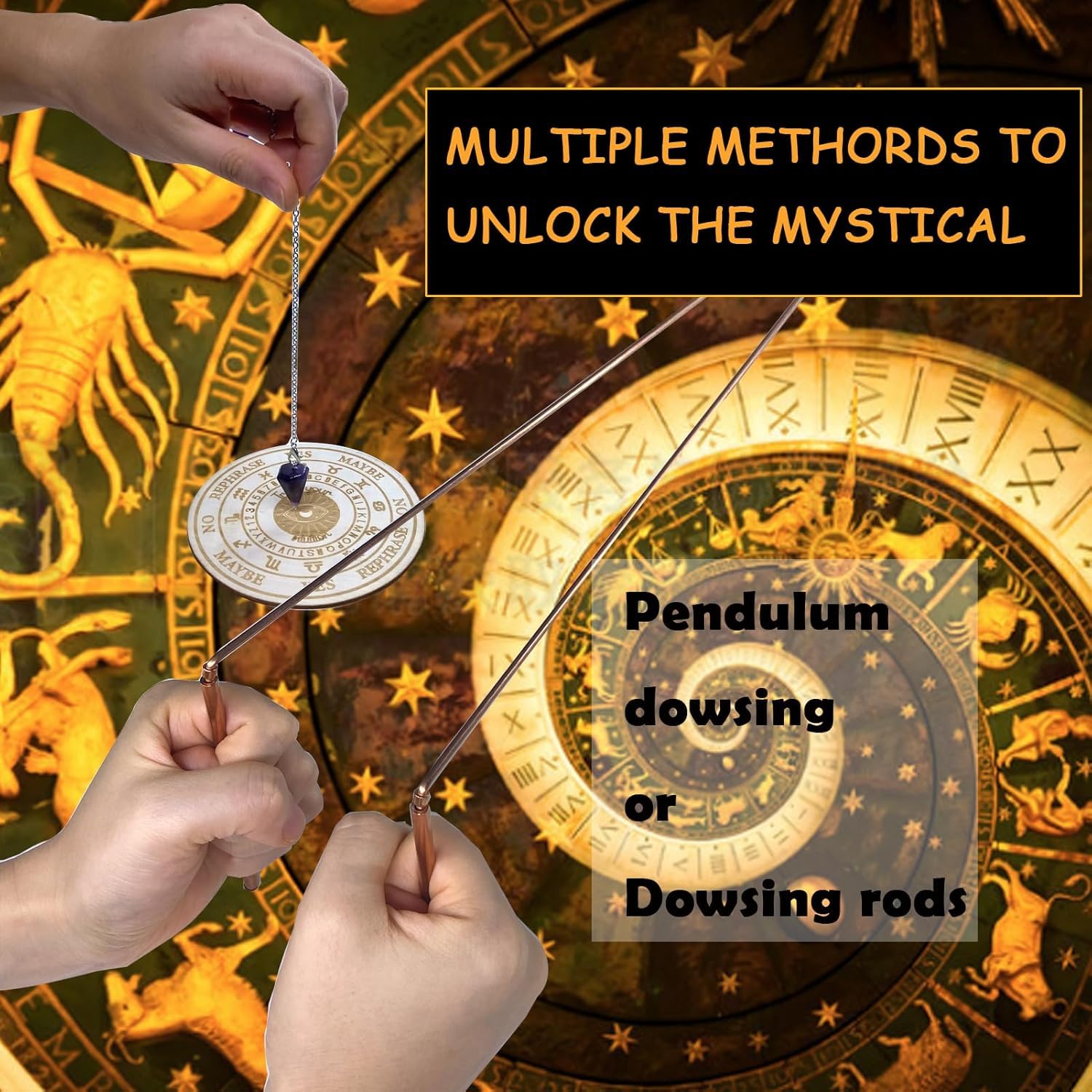 100% Pure Copper Dowsing Rods & Pendulum Board Kit with Natural Amethyst - Witching Sticks for Divination, Ghost Hunting - Perfect Starter Kit for Witchcraft Beginners