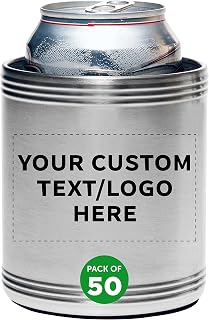 Custom Stainless Steel Can Coolers Set of 50, Personalized Bulk Pack - Great for Beer, Soda, Other Beverages - Silver