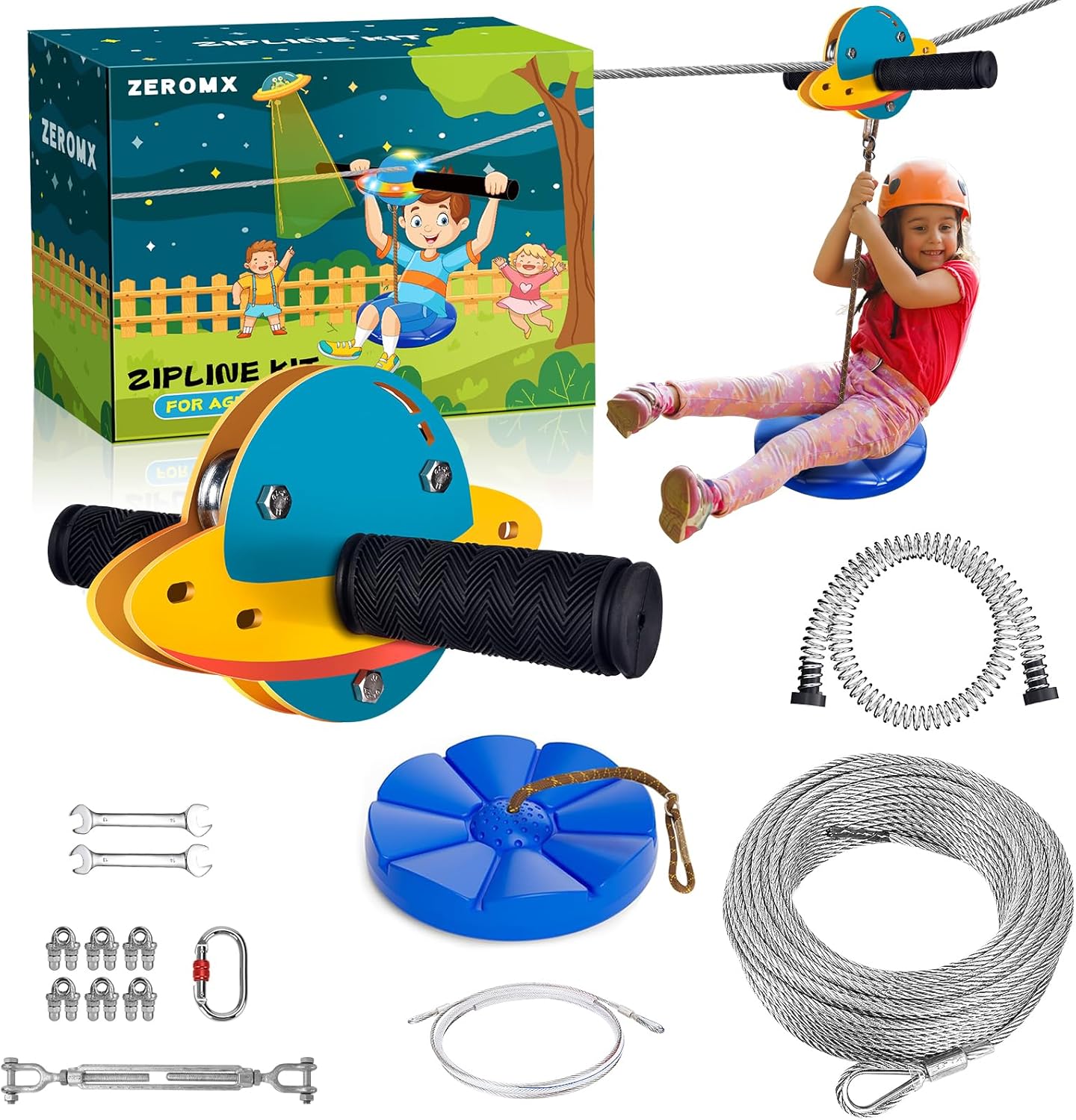 Zip Line Kit for Kids and Adults Outdoor, UFO Trolley 75/100/120/150ft Zipline for Backyard, Up to 350 Lbs, Included Swing Seat, Ziplines Stainless Steel Brake and Safety Cable