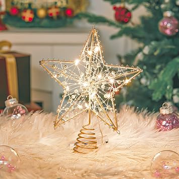 Christmas Tree Topper Star,Christmas Tree Decorations Star Gold Christmas Decorations Glittering Star with 20 LED Lights,Xmas Tree Decorations Star Ornaments for the Home Xmas Party Decor