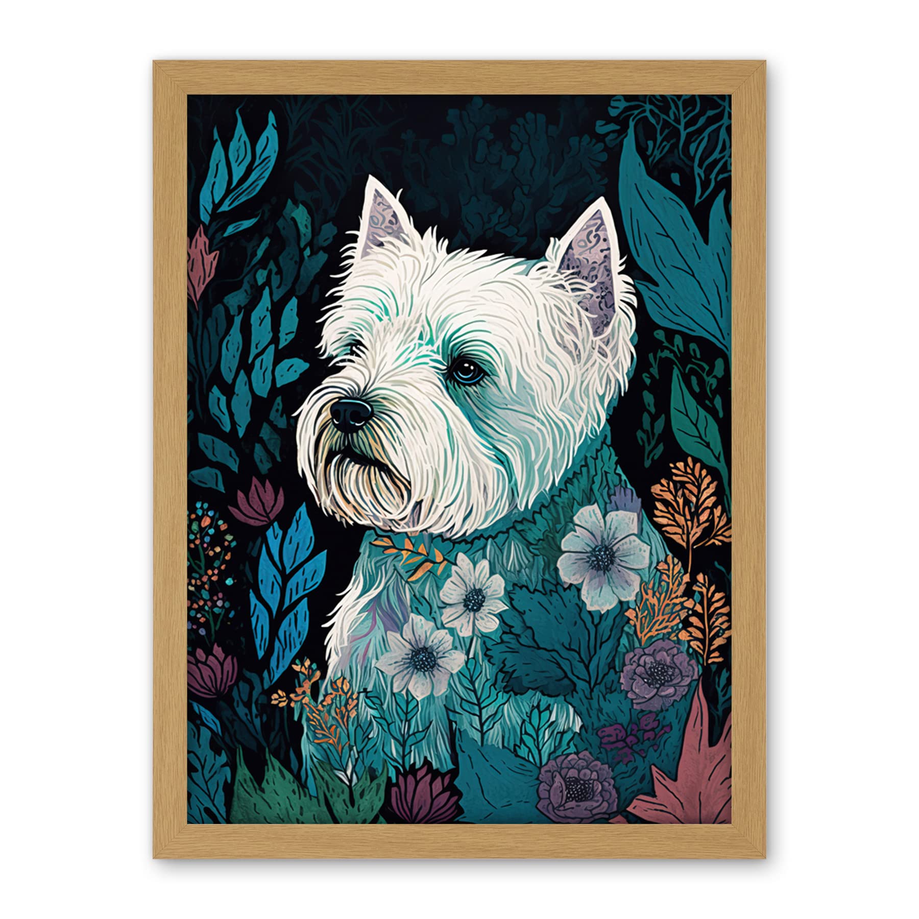 Artery8 West Highland White Terrier in Flowers Dark Multicoloured Linocut Illustration Artwork Framed Wall Art Print 18X24 Inch
