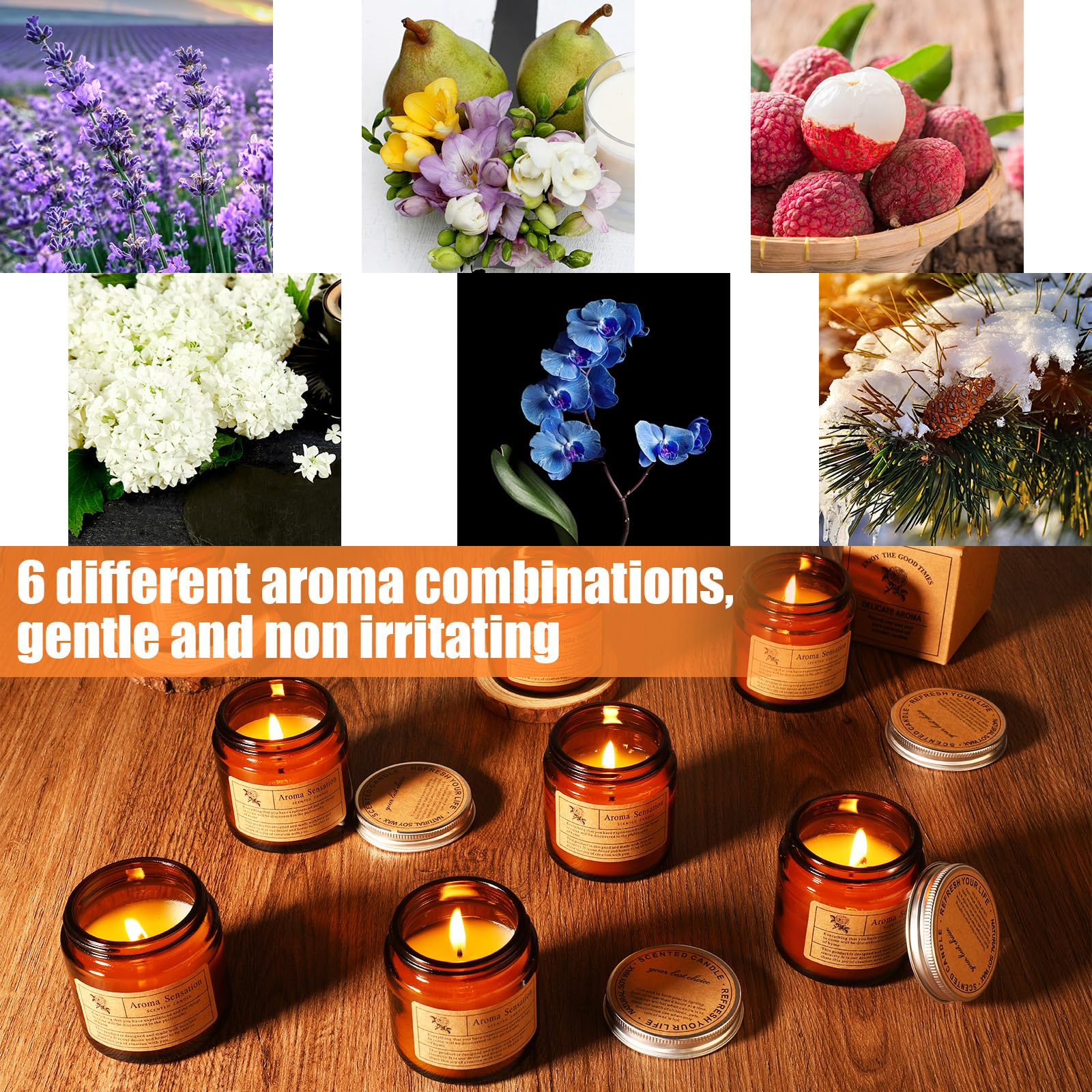 Landhoow Duftkerzen, Aromatherapie-Kerzen, Geschenk-Set für Damen, Sojawachskerzen, langlebig, inspirierende Kerzen für Lehrer, Geburtstag, Jahrestag, 60 Stück (frisch, bernsteinfarben)