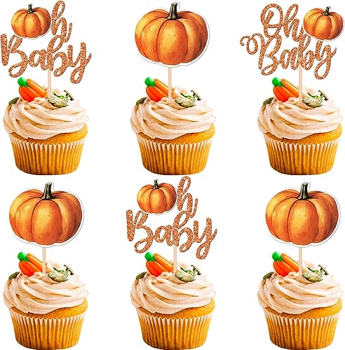 Miniatura 8 de Paquete de 24 adornos de calabaza para cupcakes con purpurina con temática de otoño, cosecha de otoño, temática de calabaza, baby shower,