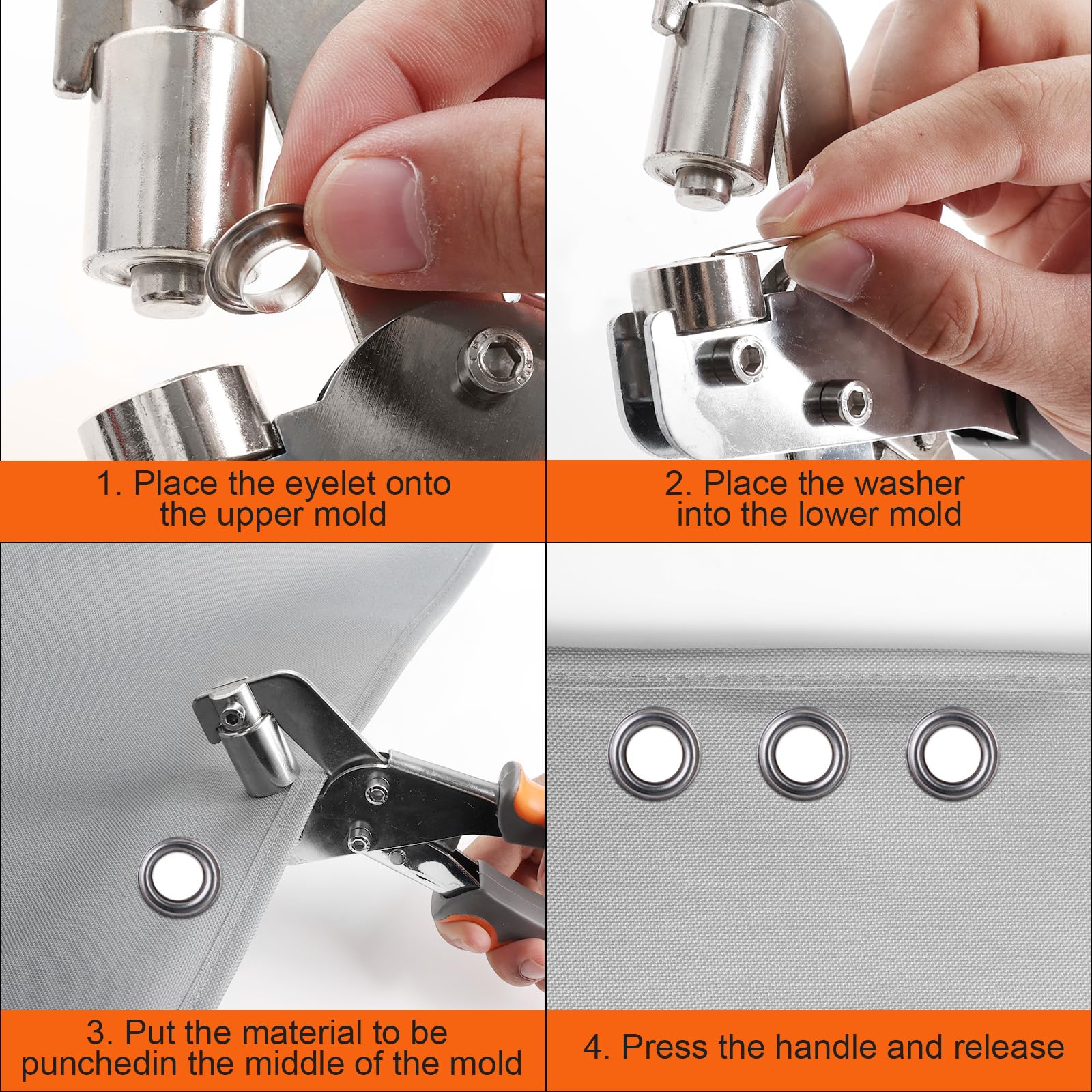 Lot de 200 pinces à œillets professionnelles avec 200 œillets (diamètre 10 mm) - Pince à œillets magnétique pour bâches, bannières, rideaux - Presse à œillets manuelle en acier trempé