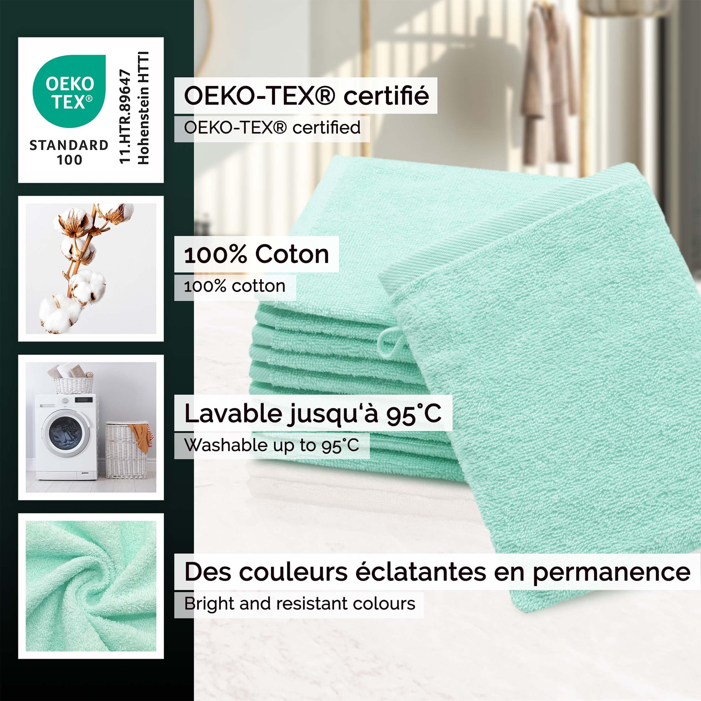 ZOLLNER Lot de 10 Gants de Toilette - Gants de Toilette Doux et très absorbants - lavables à 95°C - Coton - 16x21 cm en Menthe